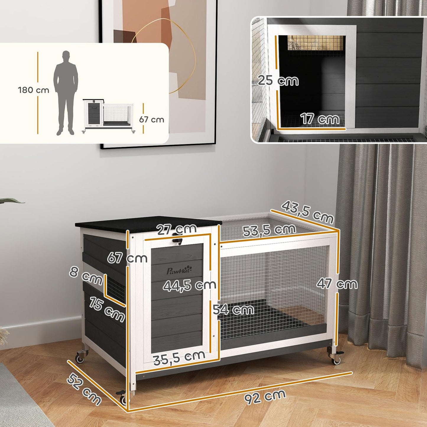Wooden rabbit cage with wheels and outdoor run, winterproof