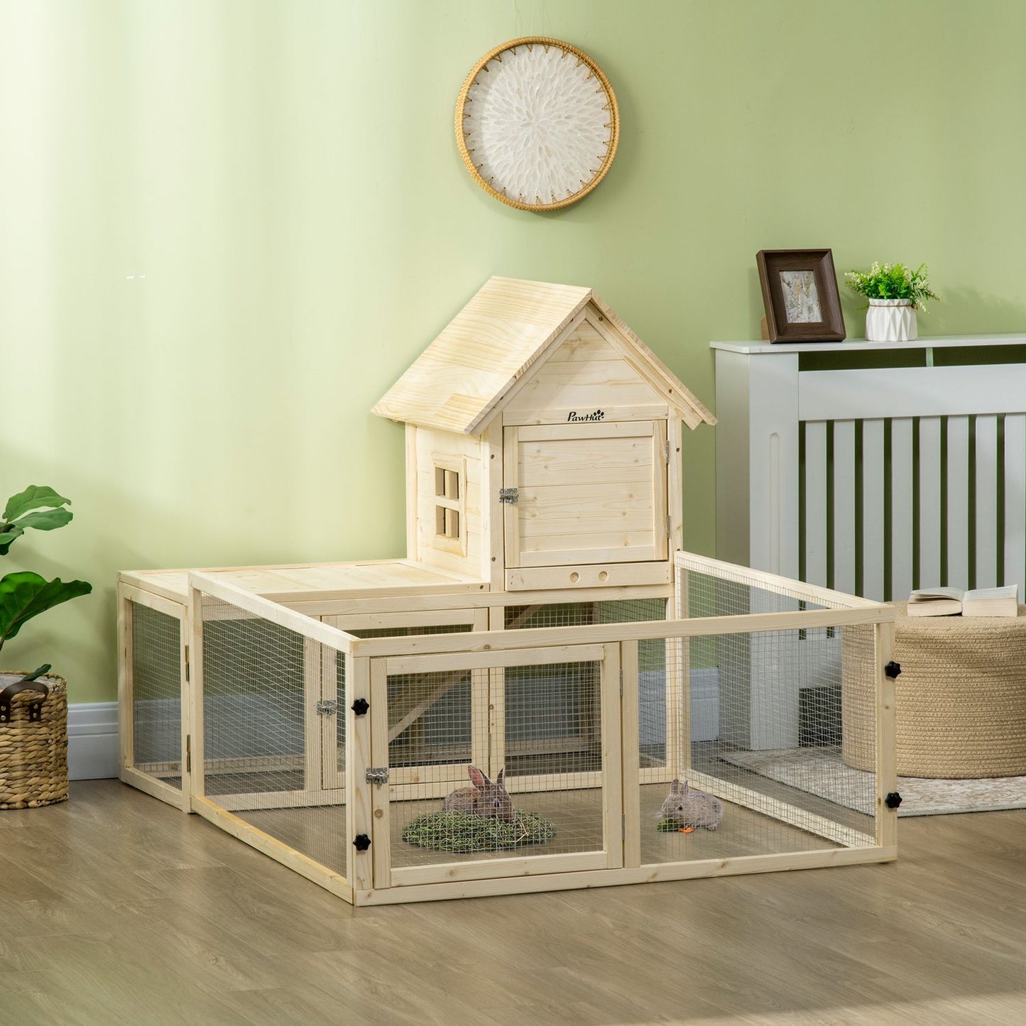 Outdoor wooden rabbit hutch with ramp - 151.5x106x97cm