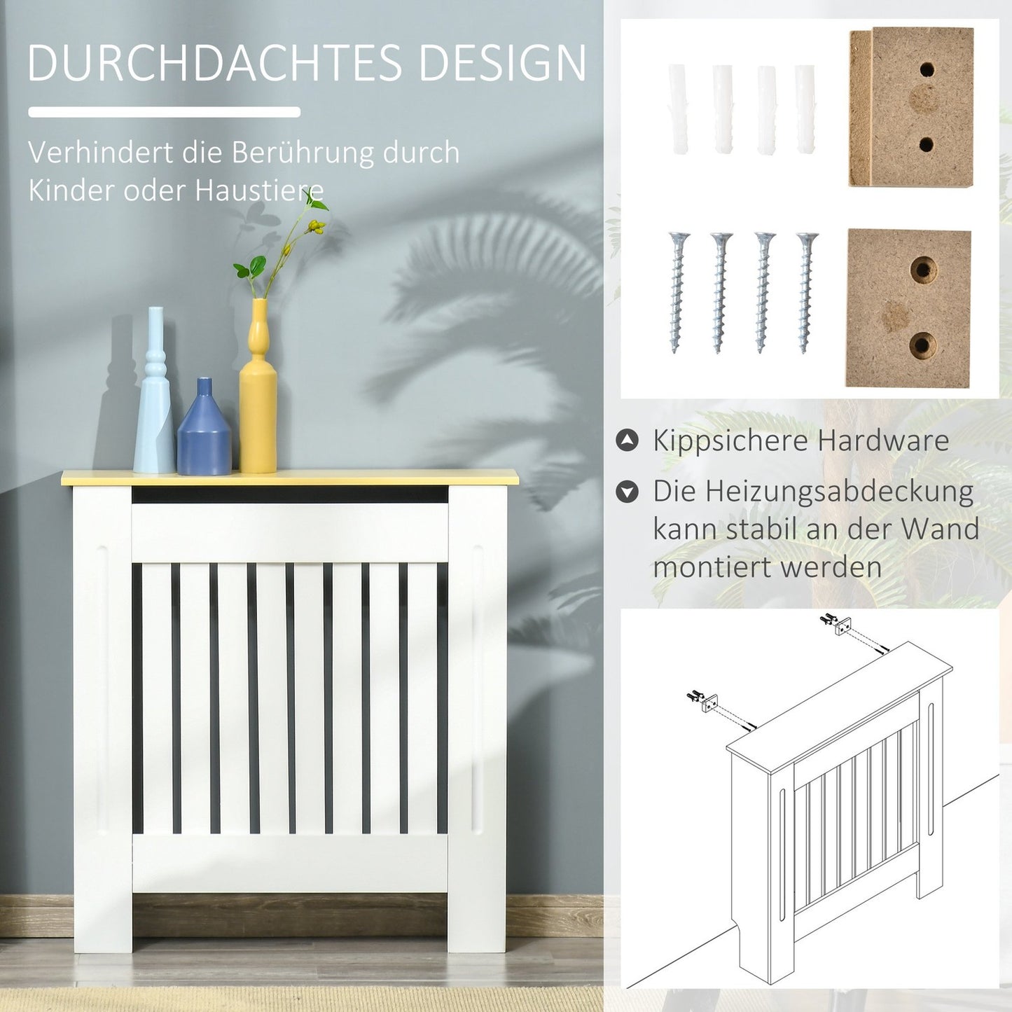 Radiator cover, Removable MDF, White & Oak, 78x19x83 cm