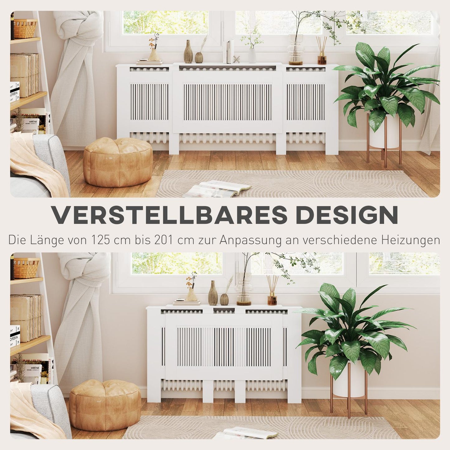 Extendable white radiator cover with shelf, slot design