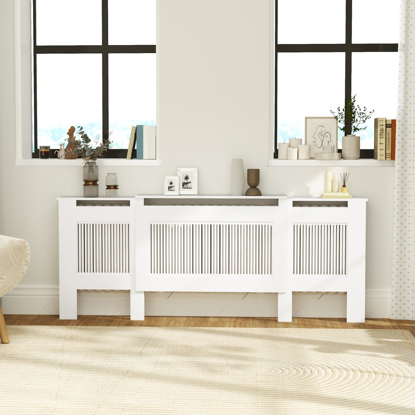 Extendable white radiator cover with shelf, slot design