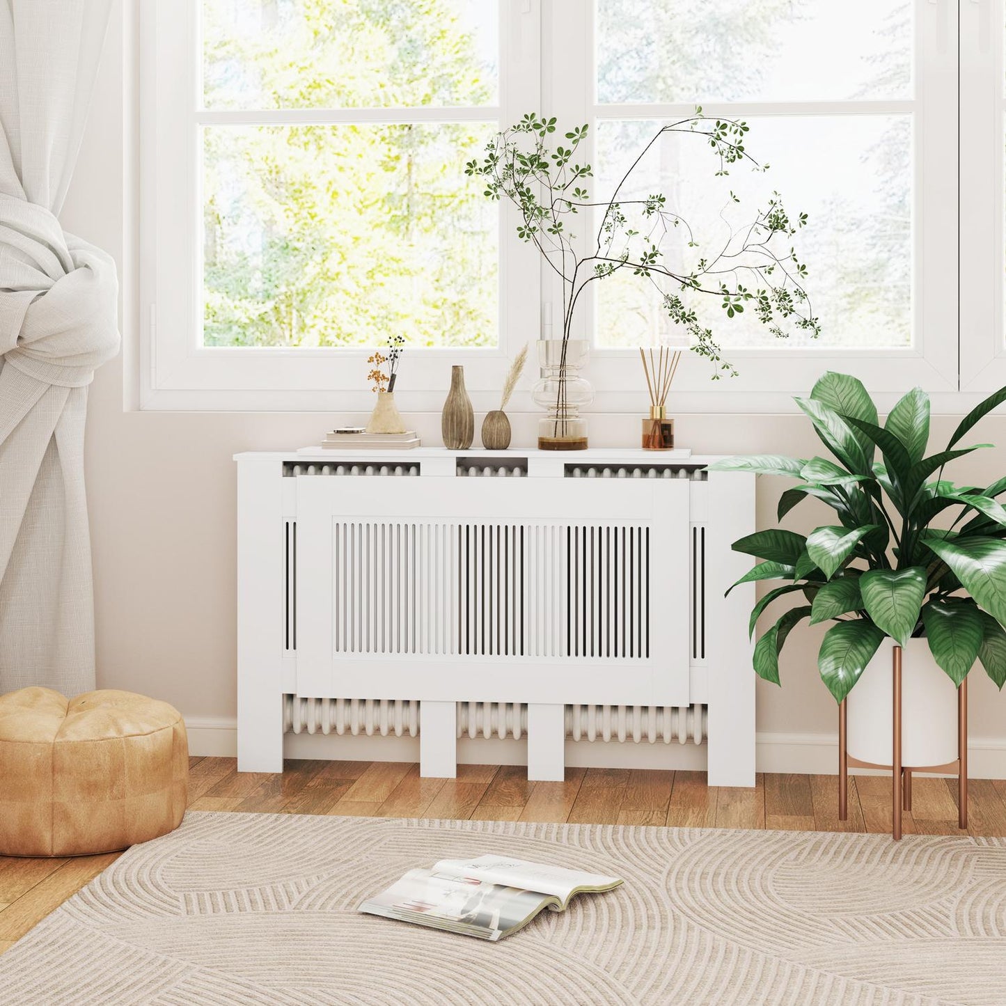 Extendable white radiator cover with shelf, slot design