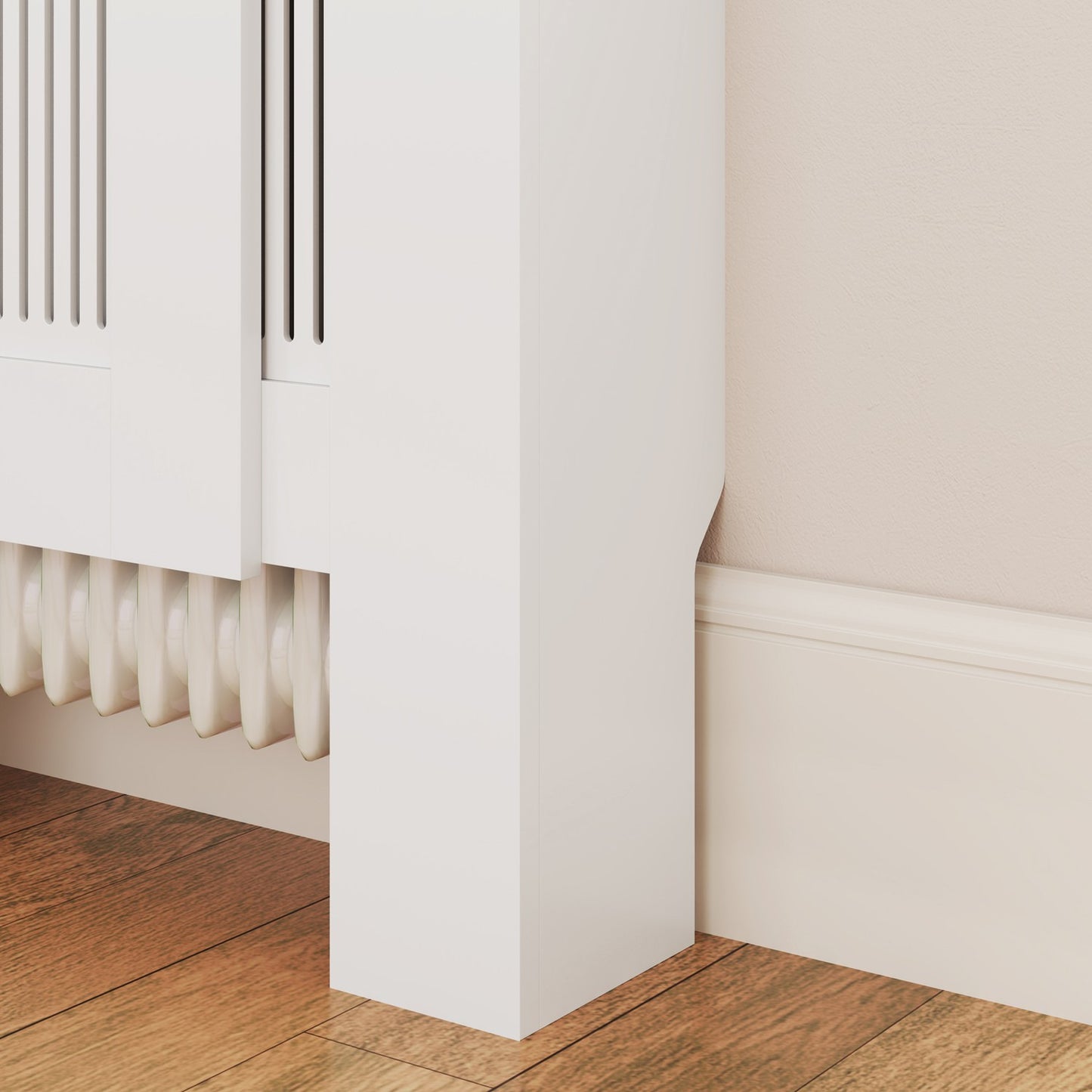 Extendable white radiator cover with shelf, slot design