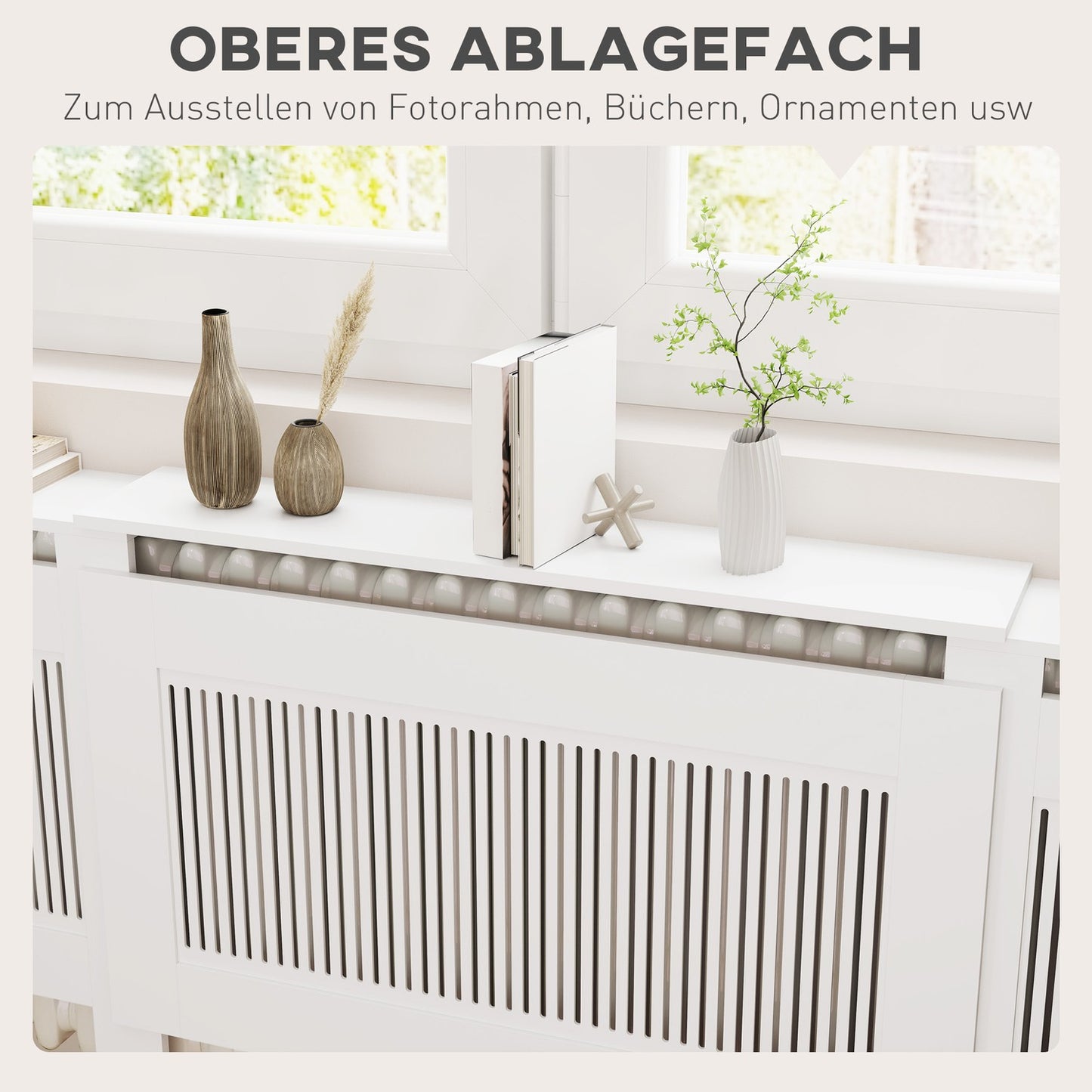 Extendable white radiator cover with shelf, slot design