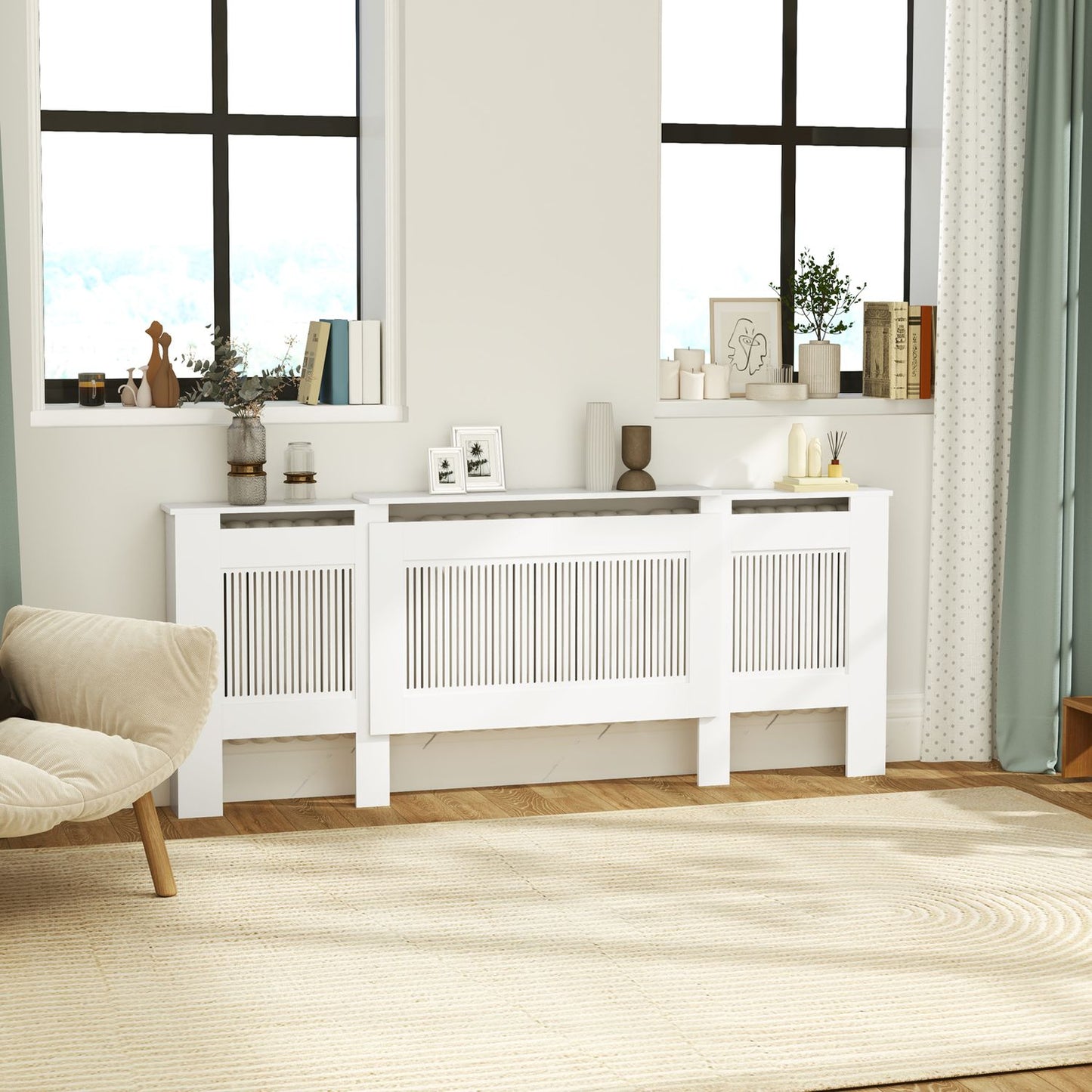 Extendable white radiator cover with shelf, slot design
