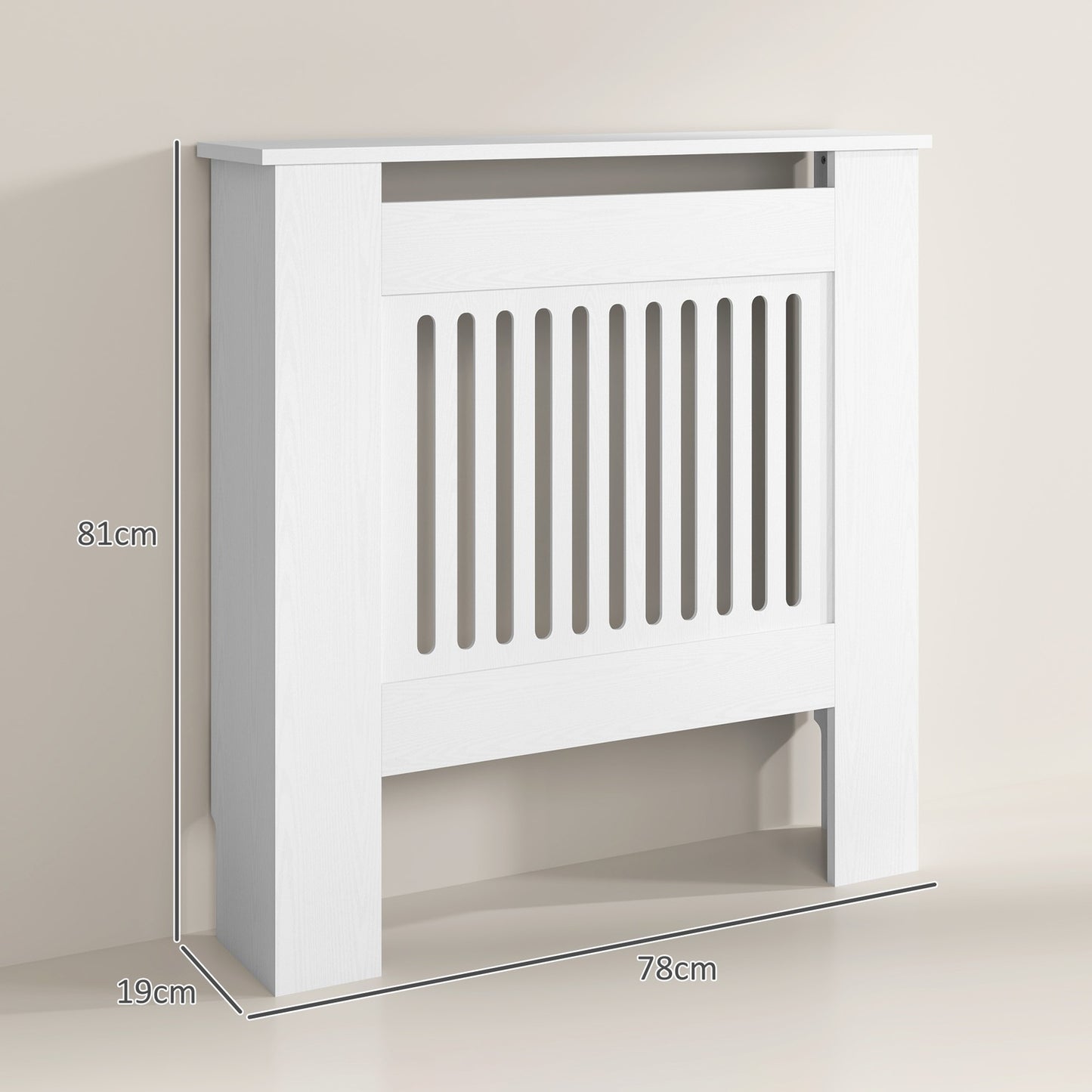 White radiator cover with horizontal slats, 78x19x81cm