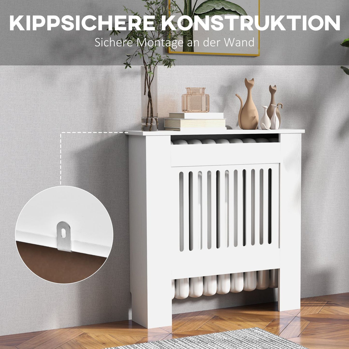 White radiator cover with horizontal slats, 78x19x81cm