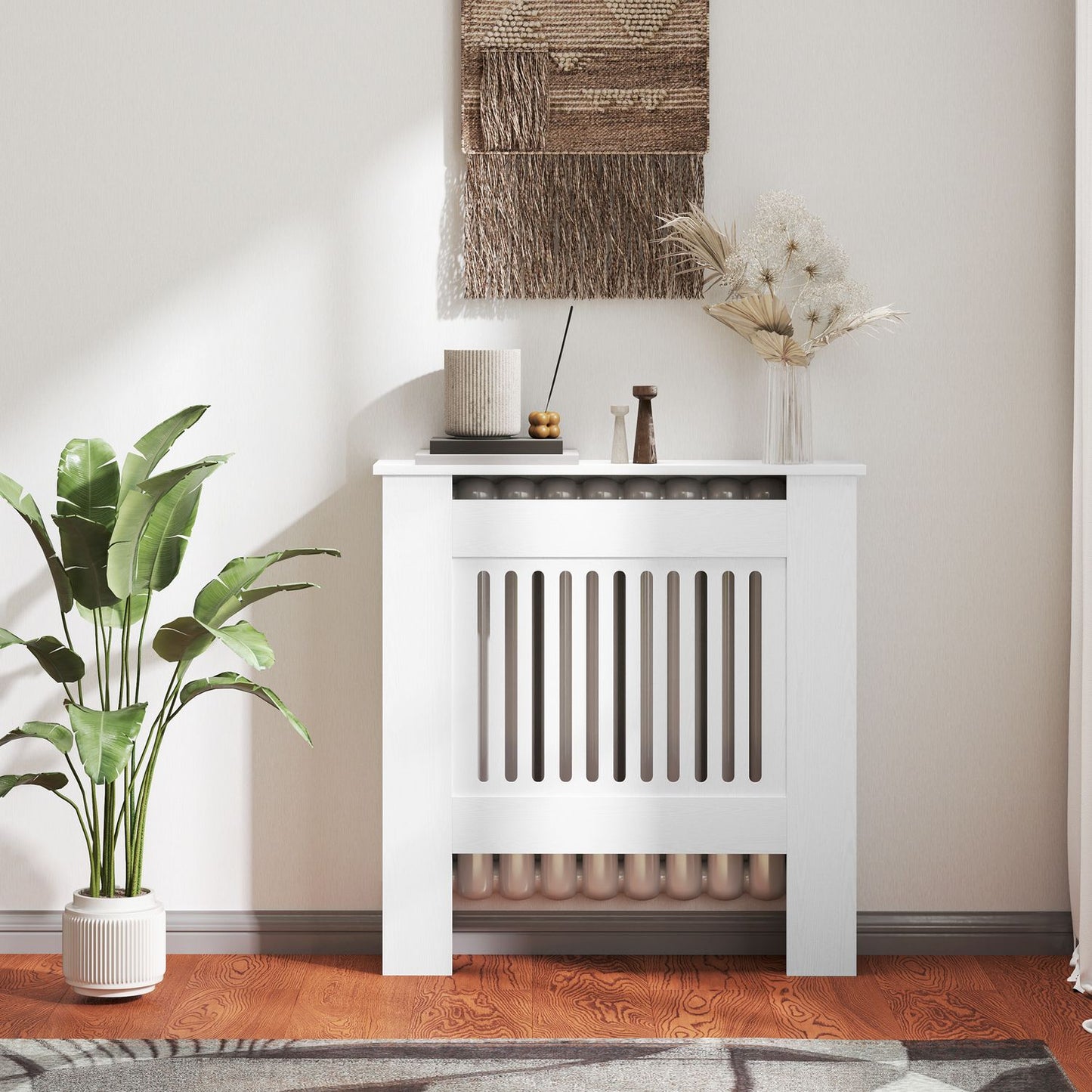 White radiator cover with horizontal slats, 78x19x81cm