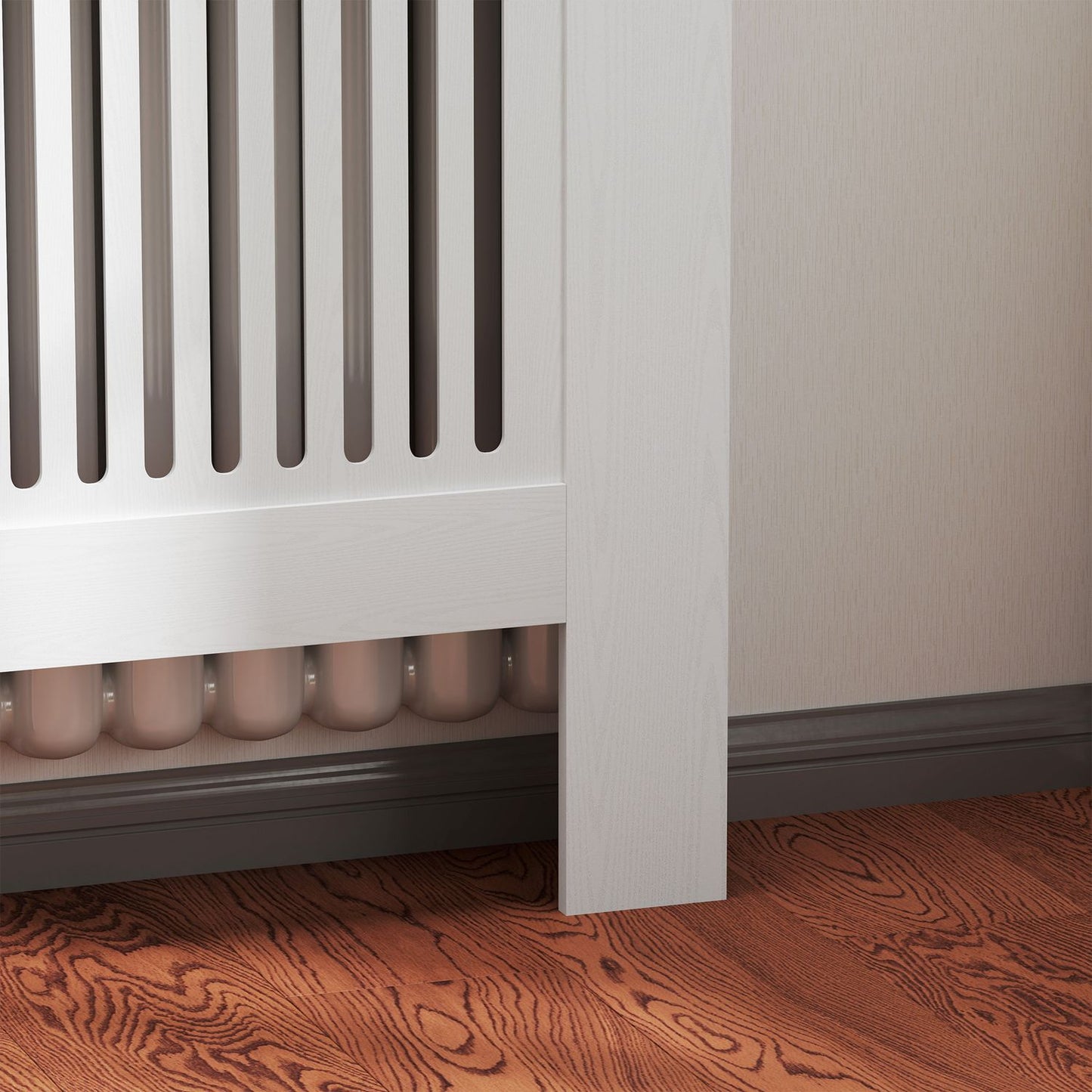 White radiator cover with horizontal slats, 78x19x81cm