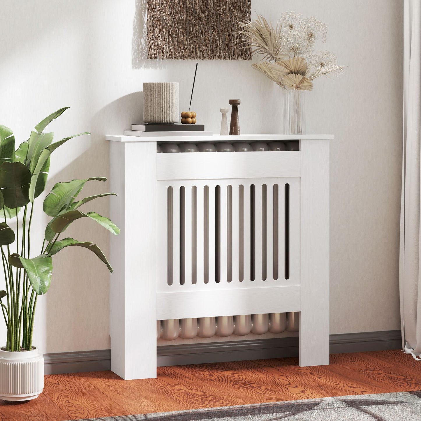 White radiator cover with horizontal slats, 78x19x81cm