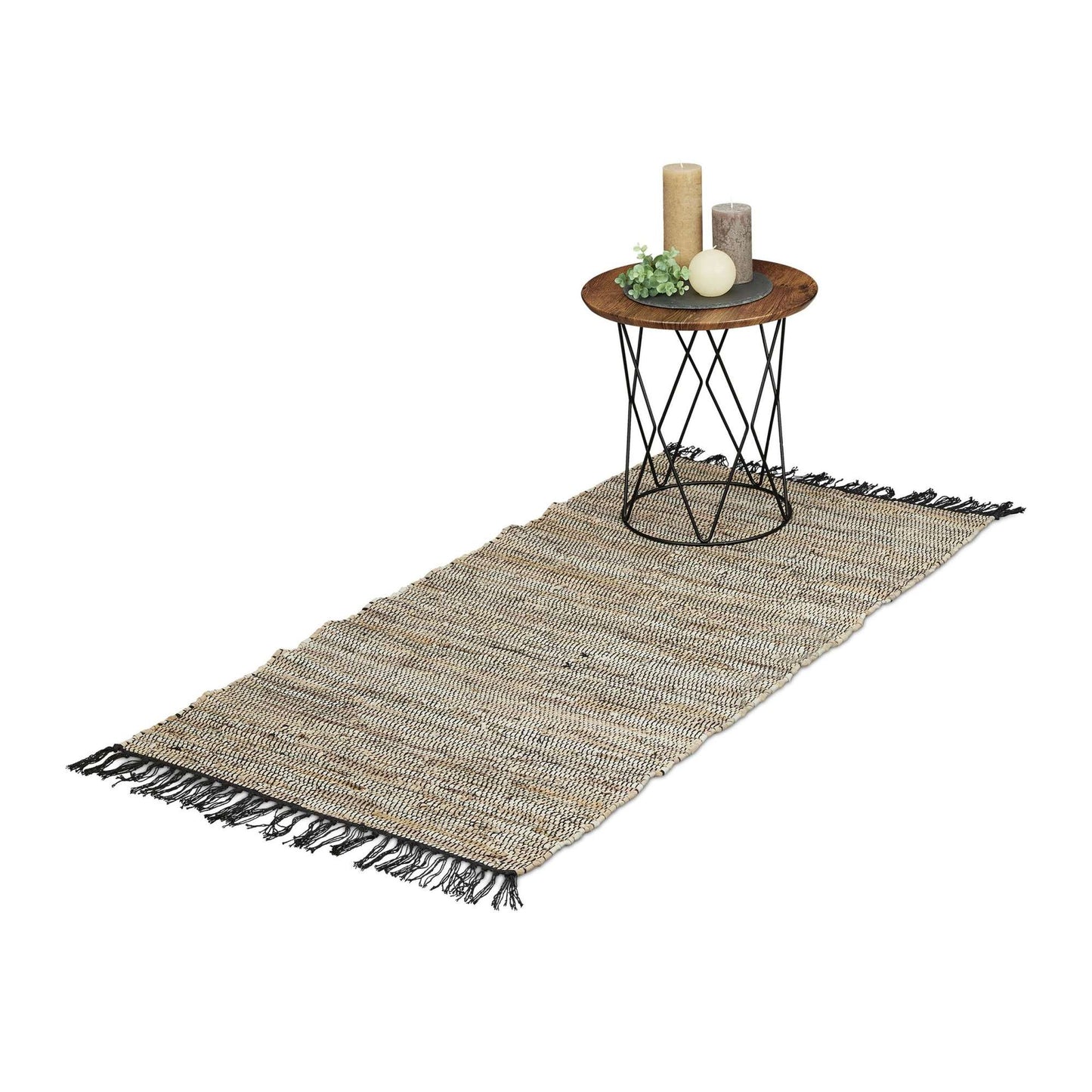 Rag rug in leather and cotton