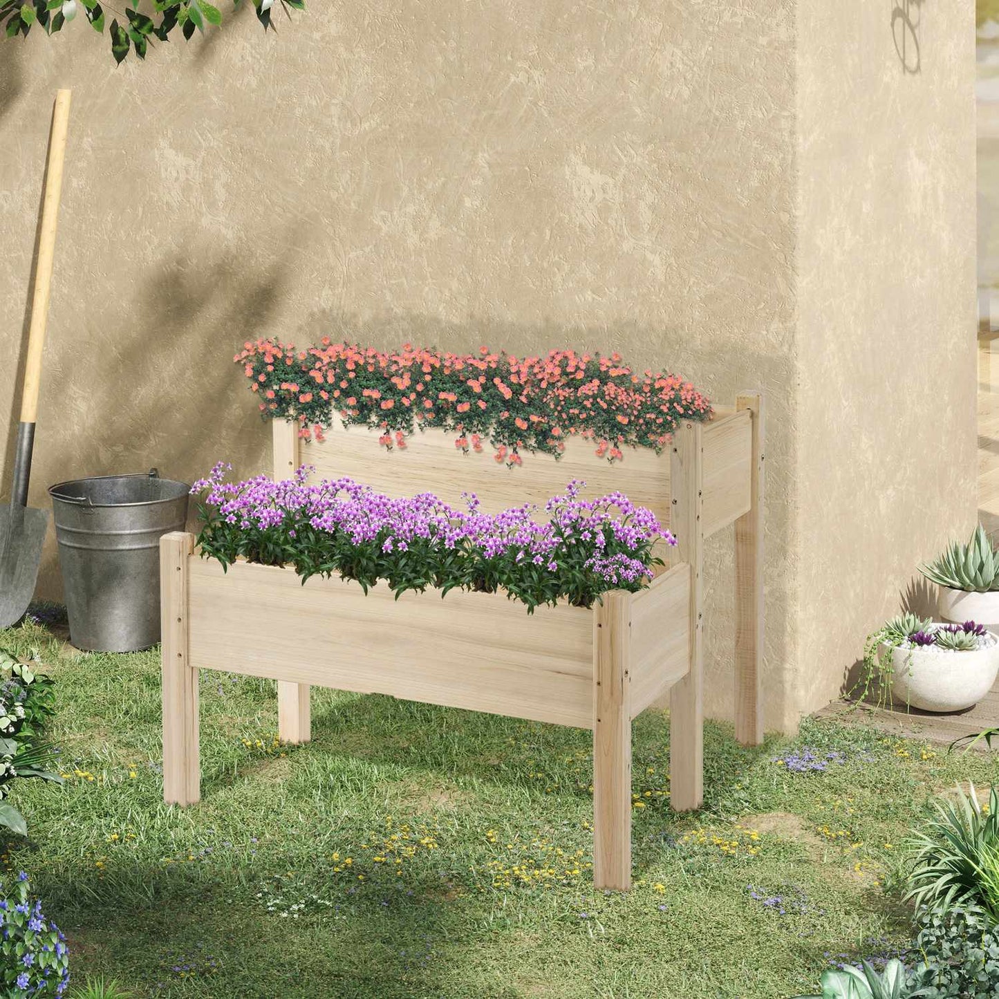 Raised wooden garden bed with cold frame - 2 tiers and drainage