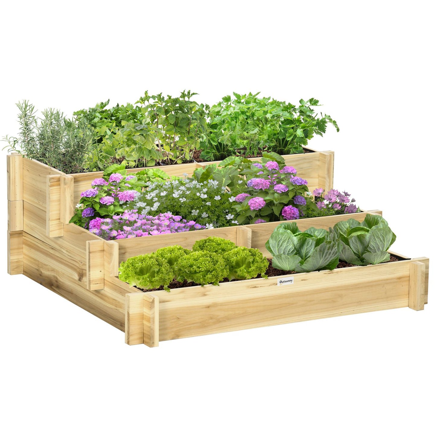 Wooden 3-tier raised bed with liner for balcony garden