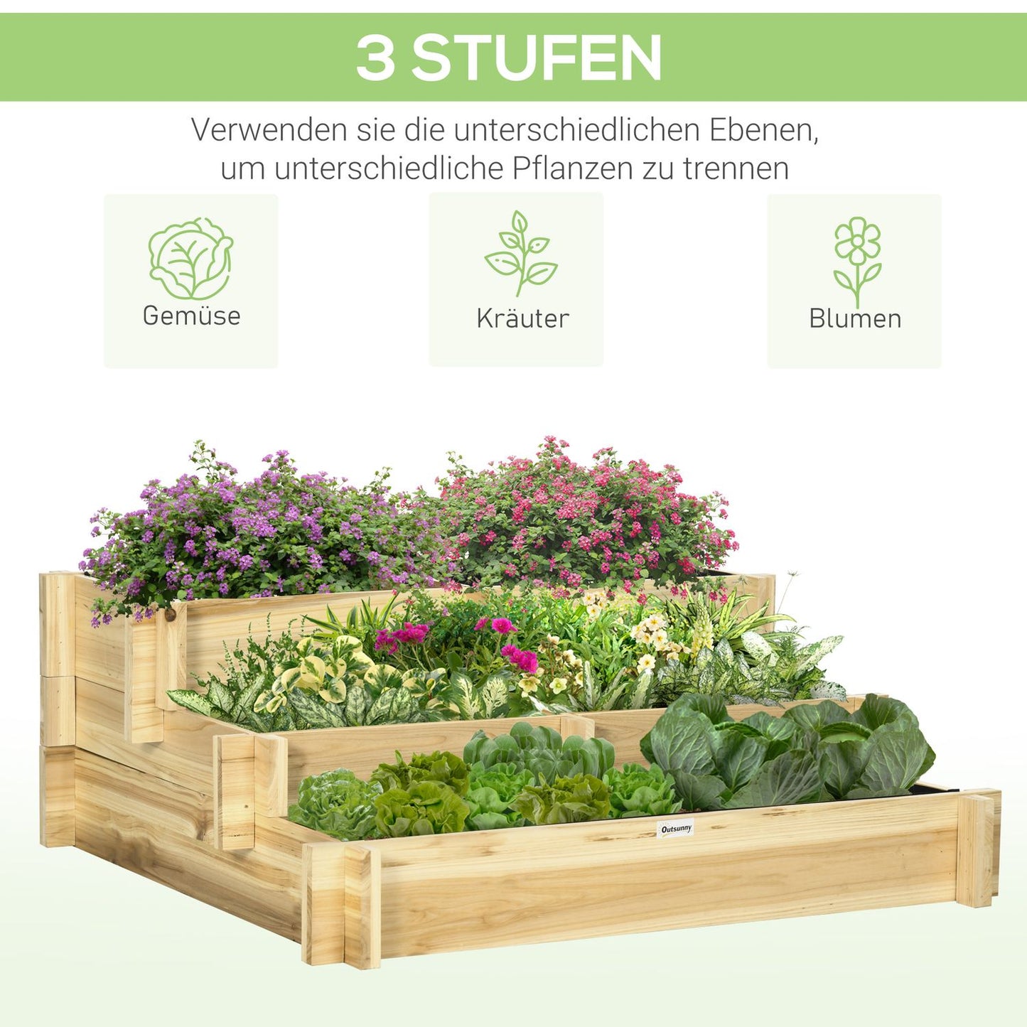 Wooden 3-tier raised bed with liner for balcony garden