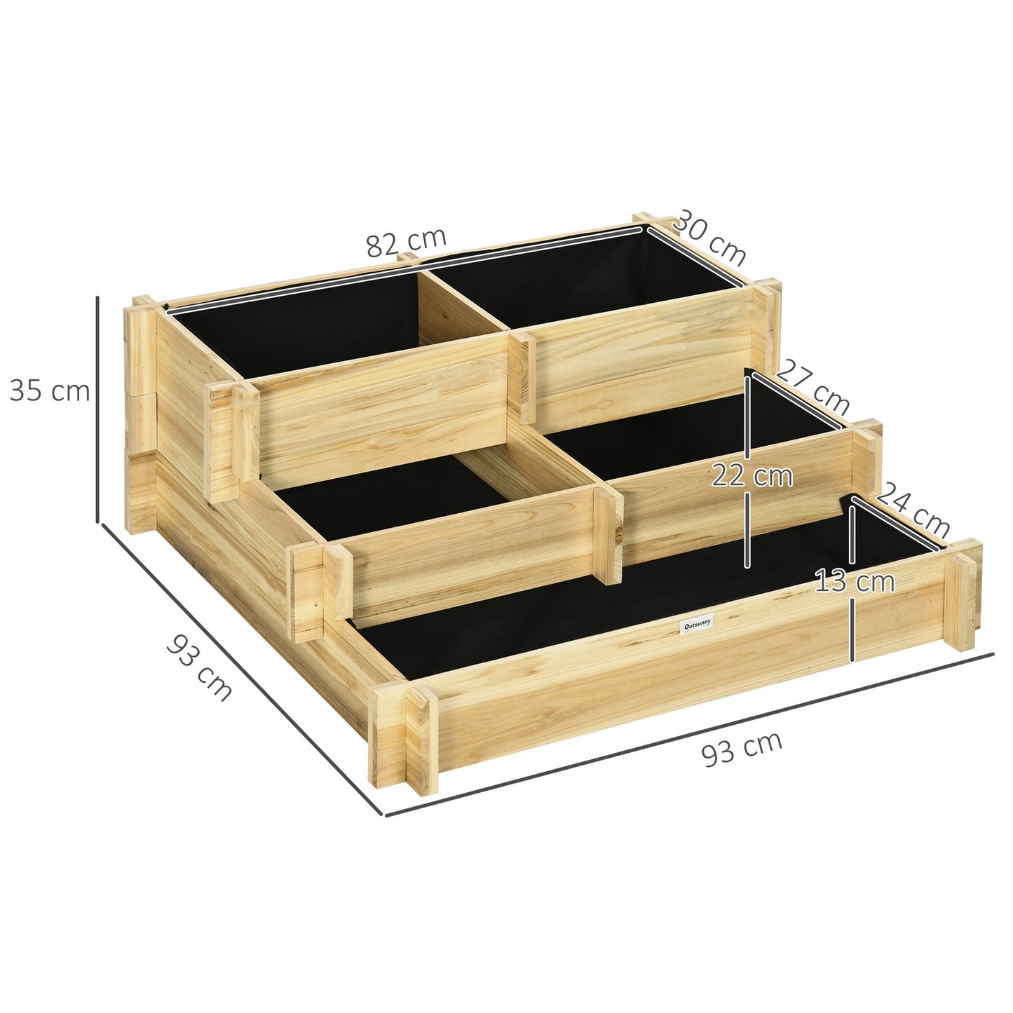 Wooden 3-tier raised bed with liner for balcony garden