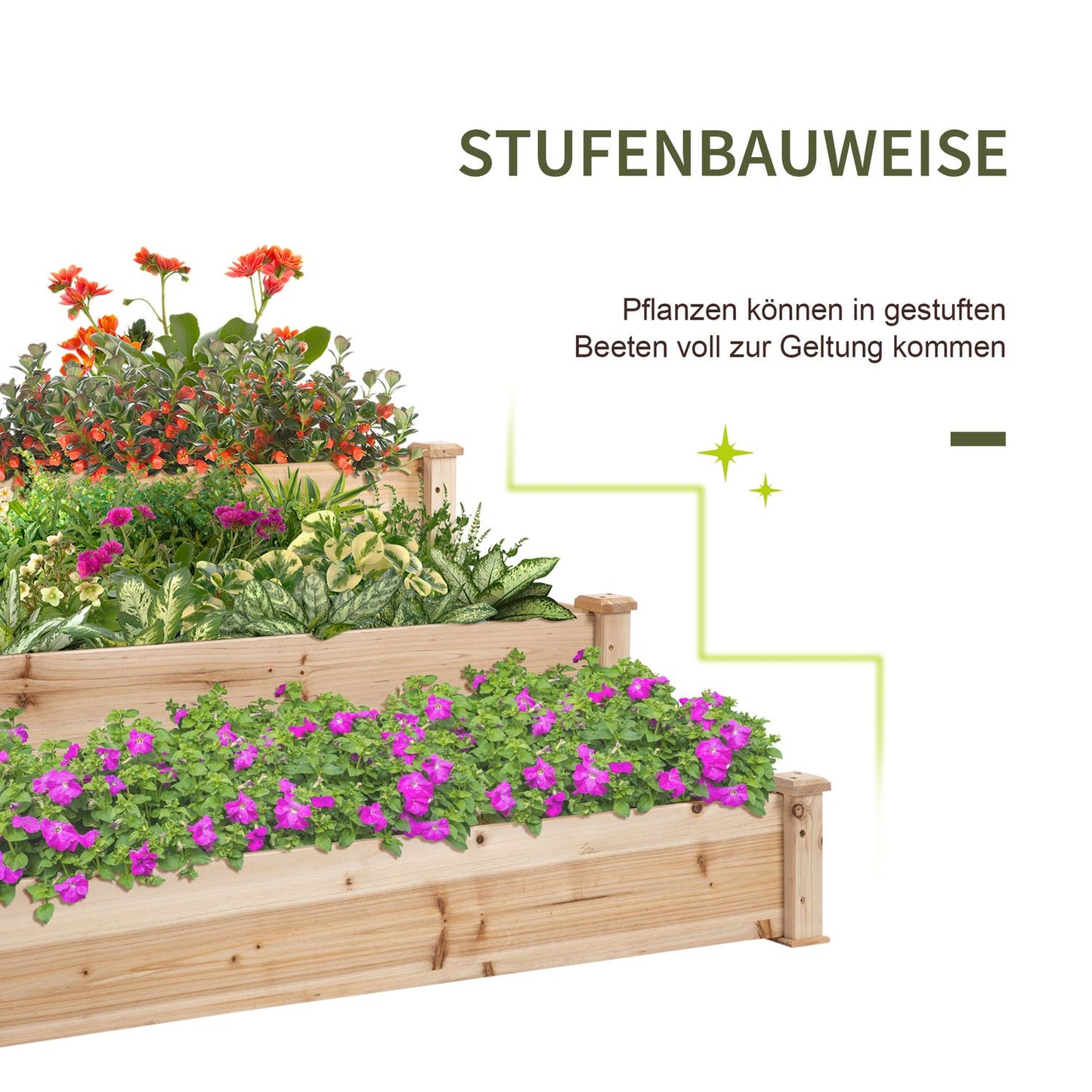 Garden bed in 3 levels fir wood for balcony, 124 cm