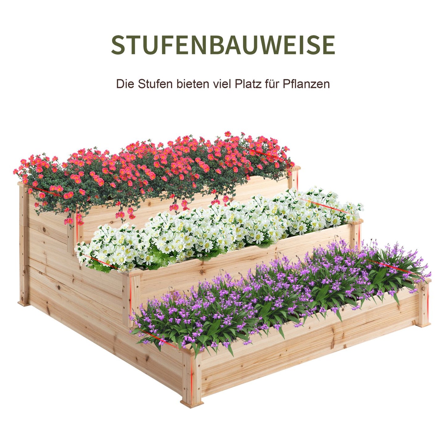 Garden bed in 3 levels fir wood for balcony, 124 cm