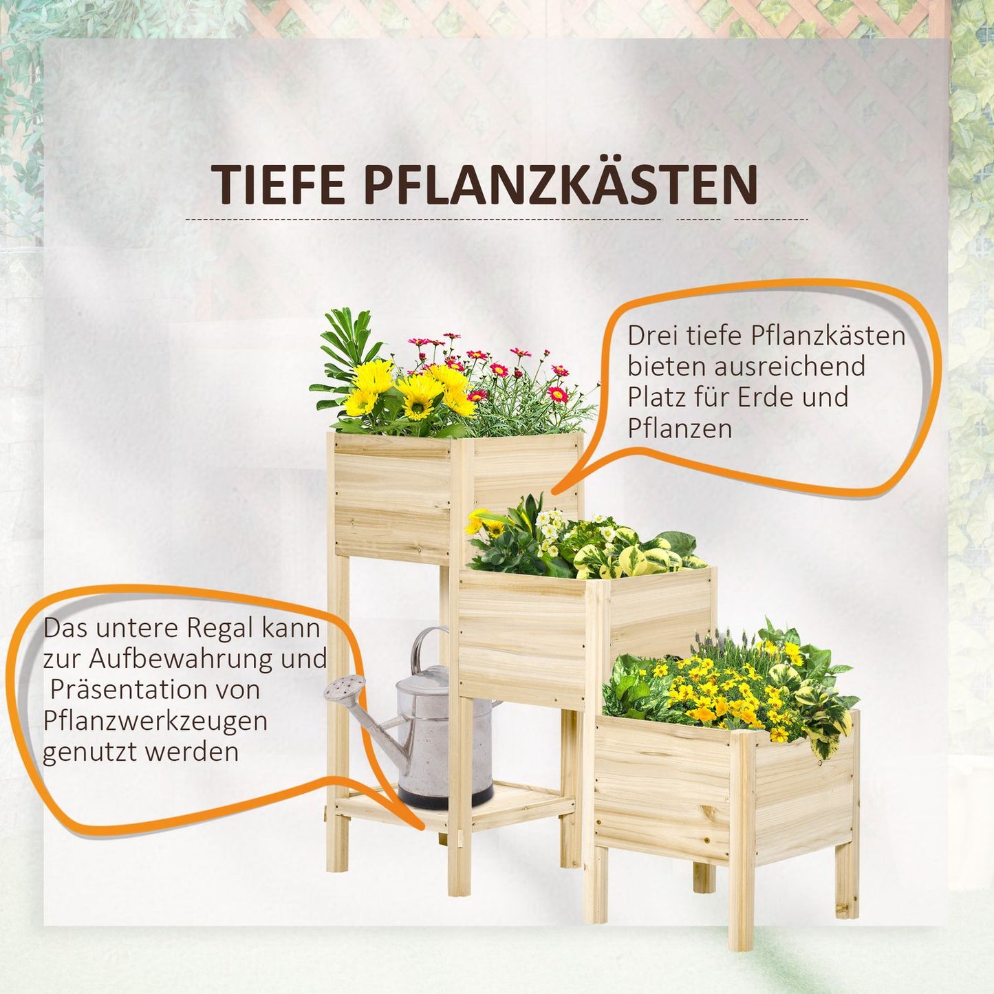3-tier raised wooden pot for garden and balcony, 125x45x108cm