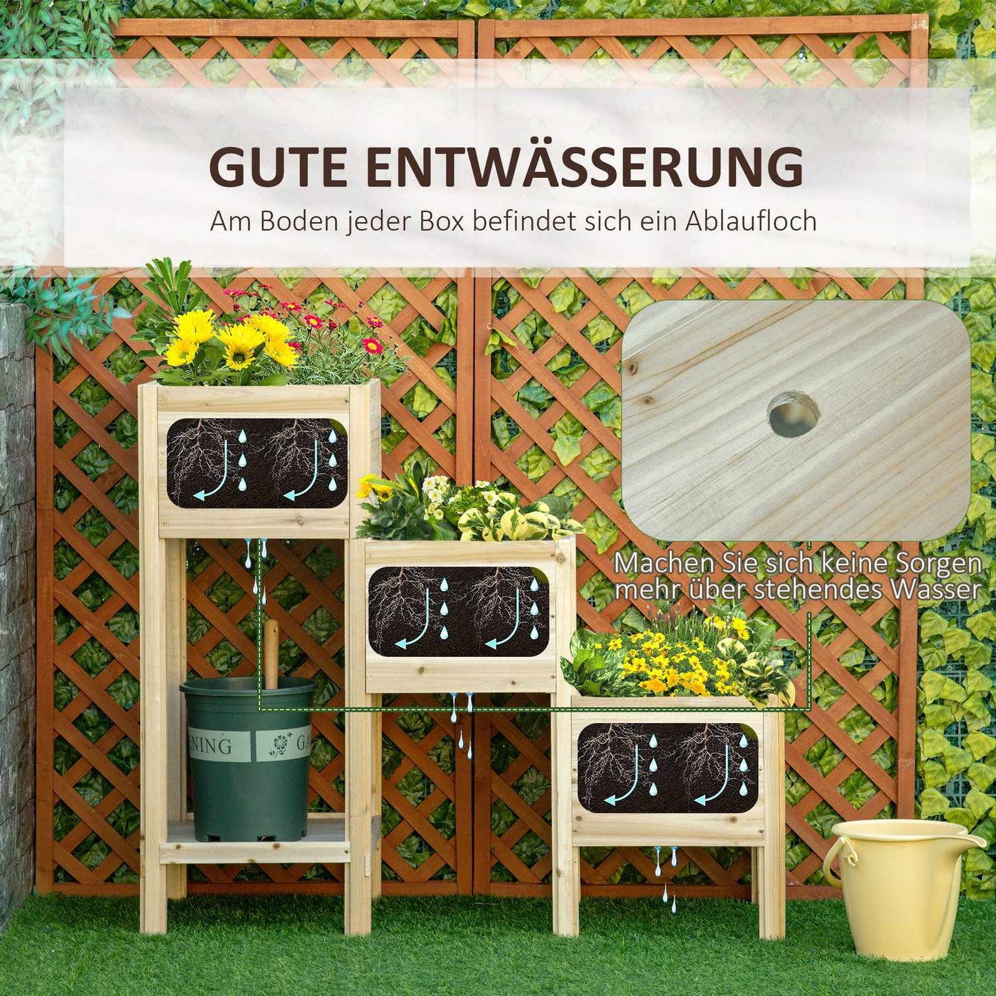 3-tier raised wooden pot for garden and balcony, 125x45x108cm