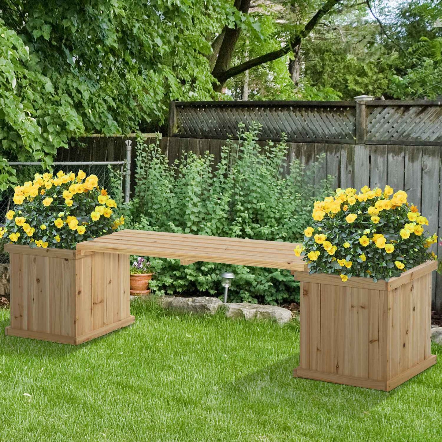Garden bench with double plantings, natural finish