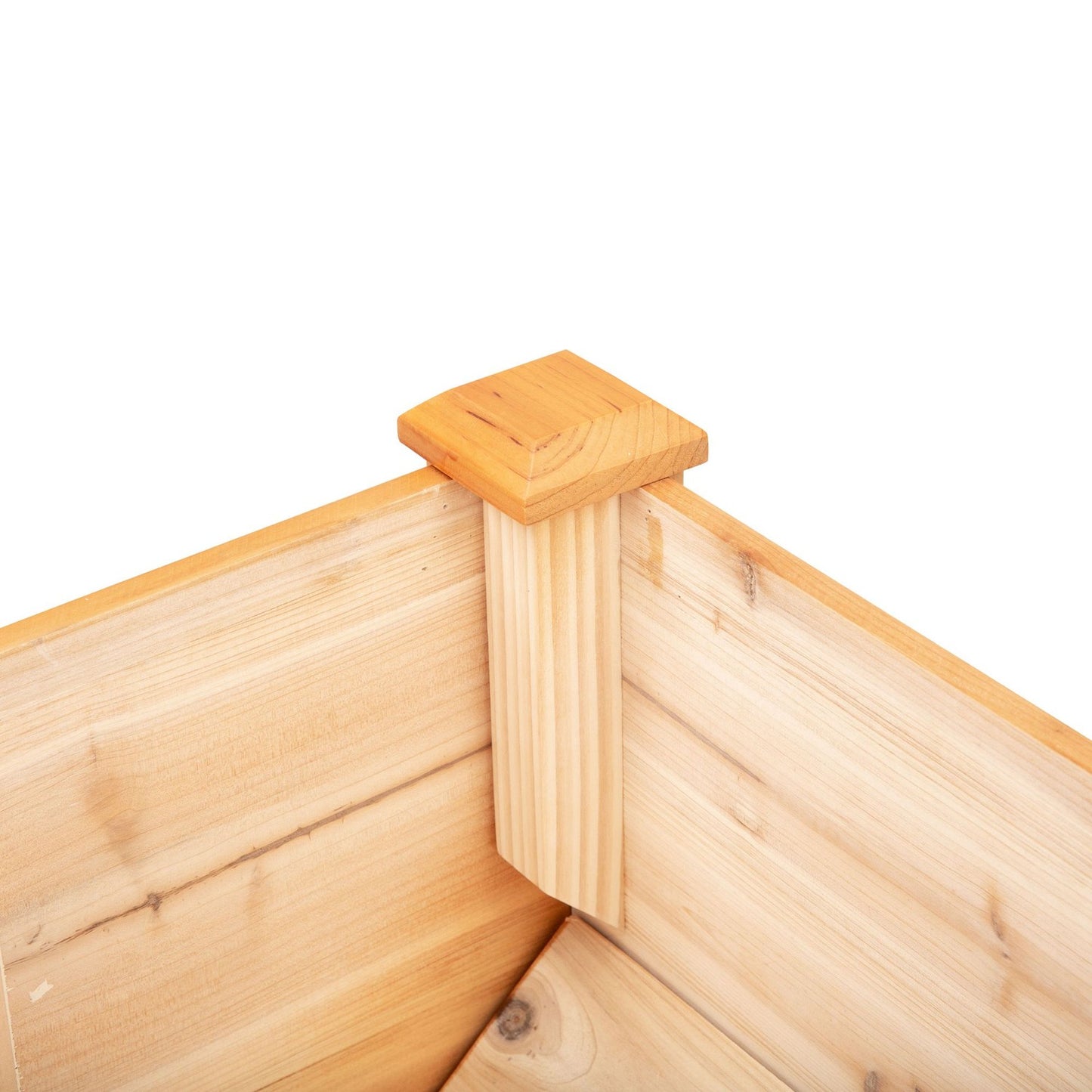 Raised wooden bed for herbs and flowers, with drainage and hooks