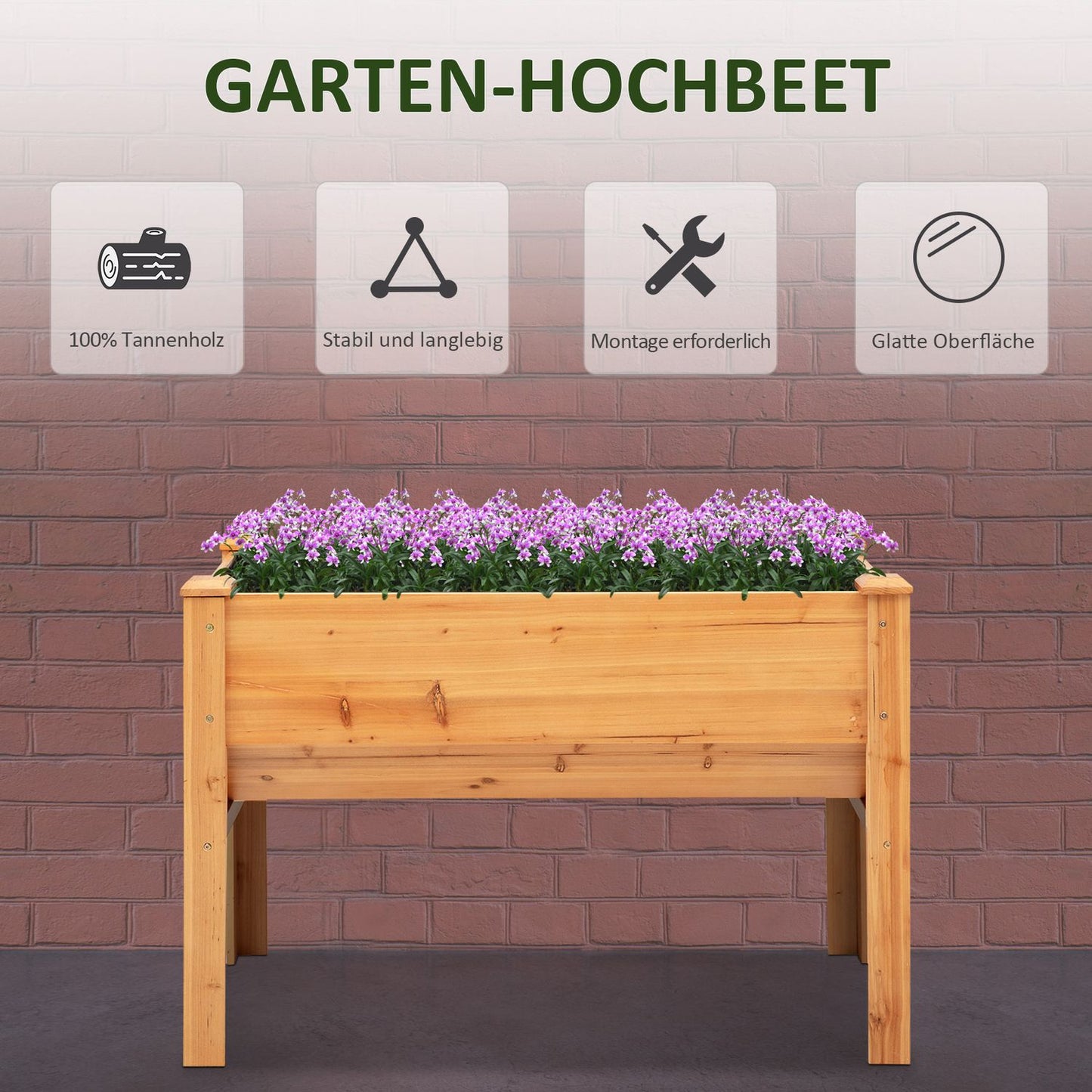 Raised wooden bed for herbs and flowers, with drainage and hooks