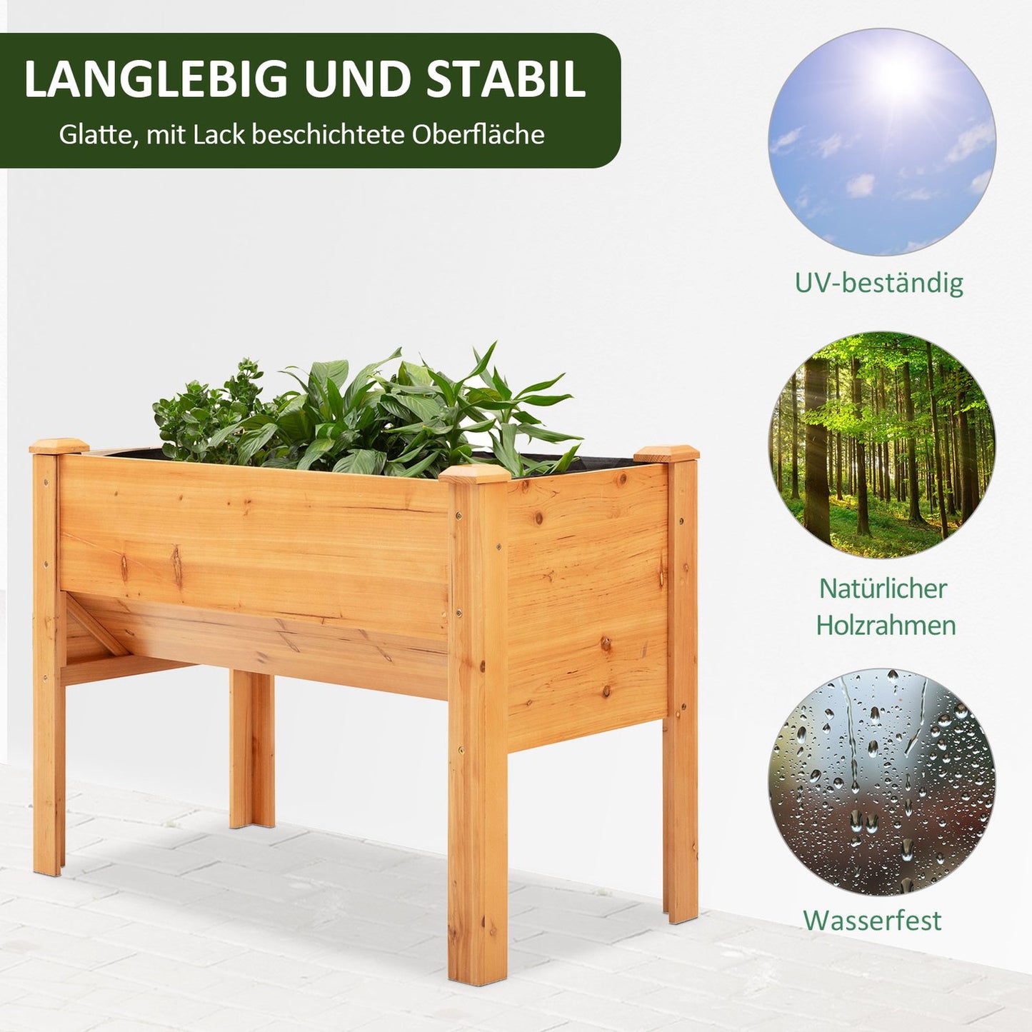 Raised wooden bed for herbs and flowers, with drainage and hooks