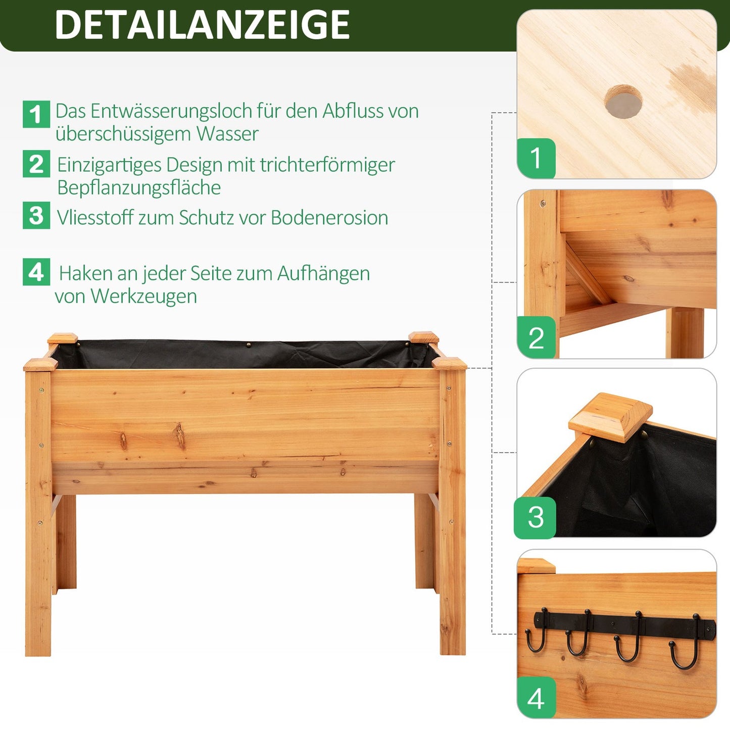 Raised wooden bed for herbs and flowers, with drainage and hooks