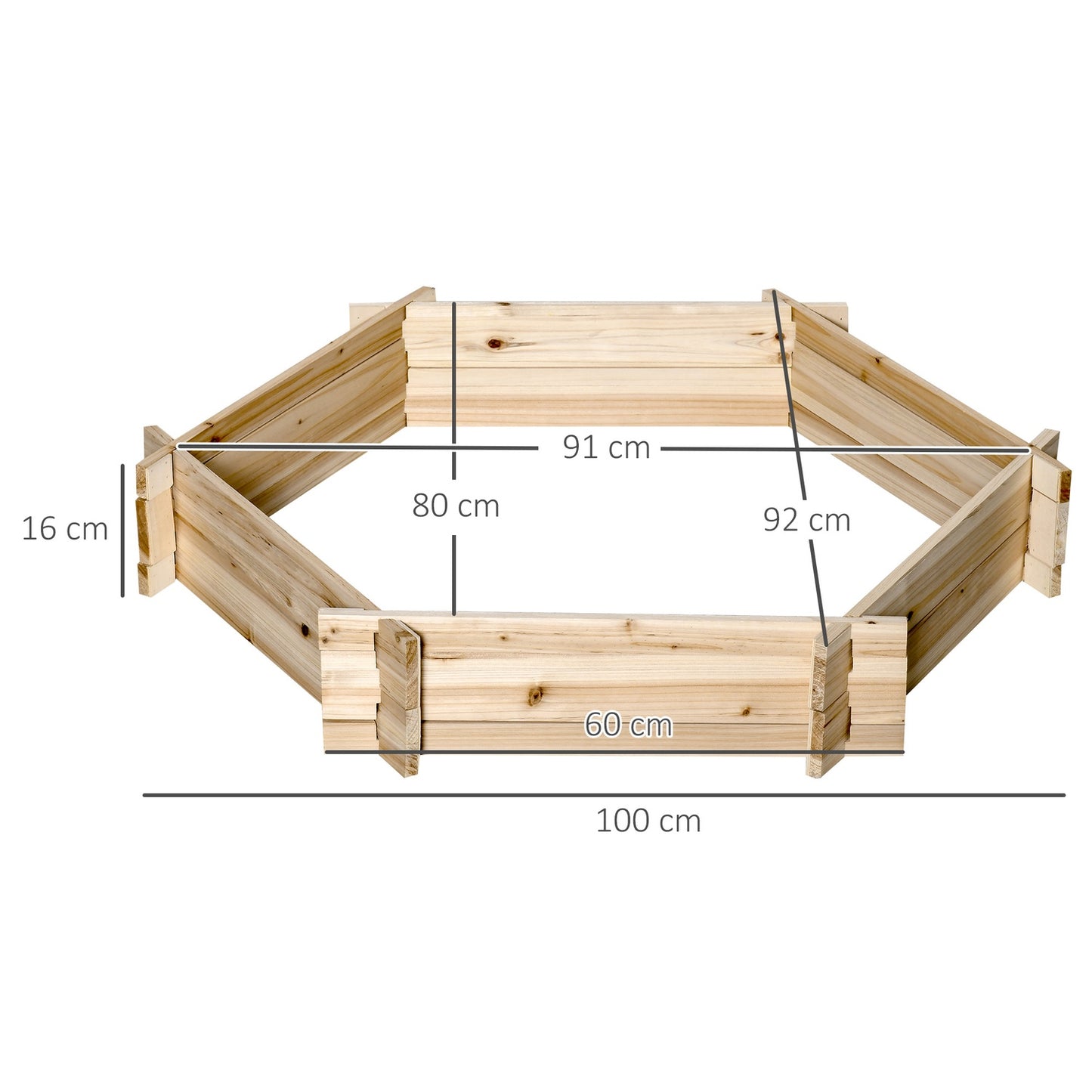 Hexagonal wooden raised bed for garden or balcony, 100x92x16 cm