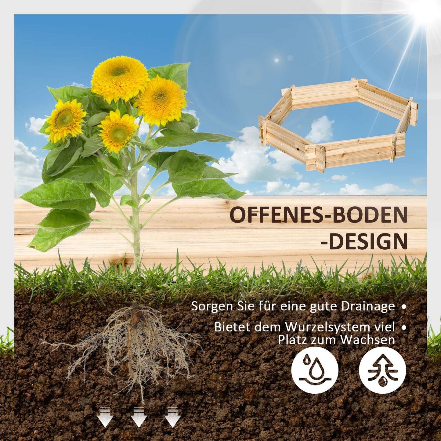Hexagonal wooden raised bed for garden or balcony, 100x92x16 cm
