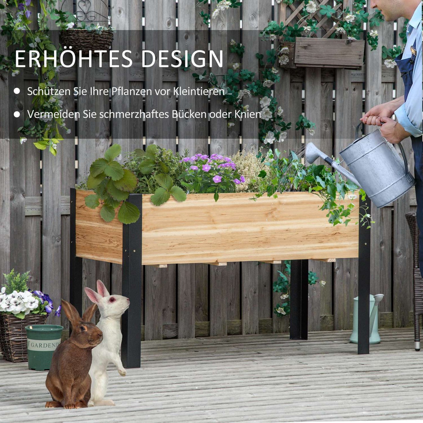 Large garden bed in wood and steel, 120x60x74 cm, natural