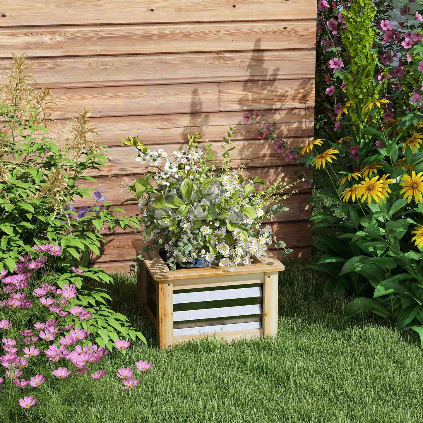 Raised metal flower bed with wooden frame, 45x45x30 cm