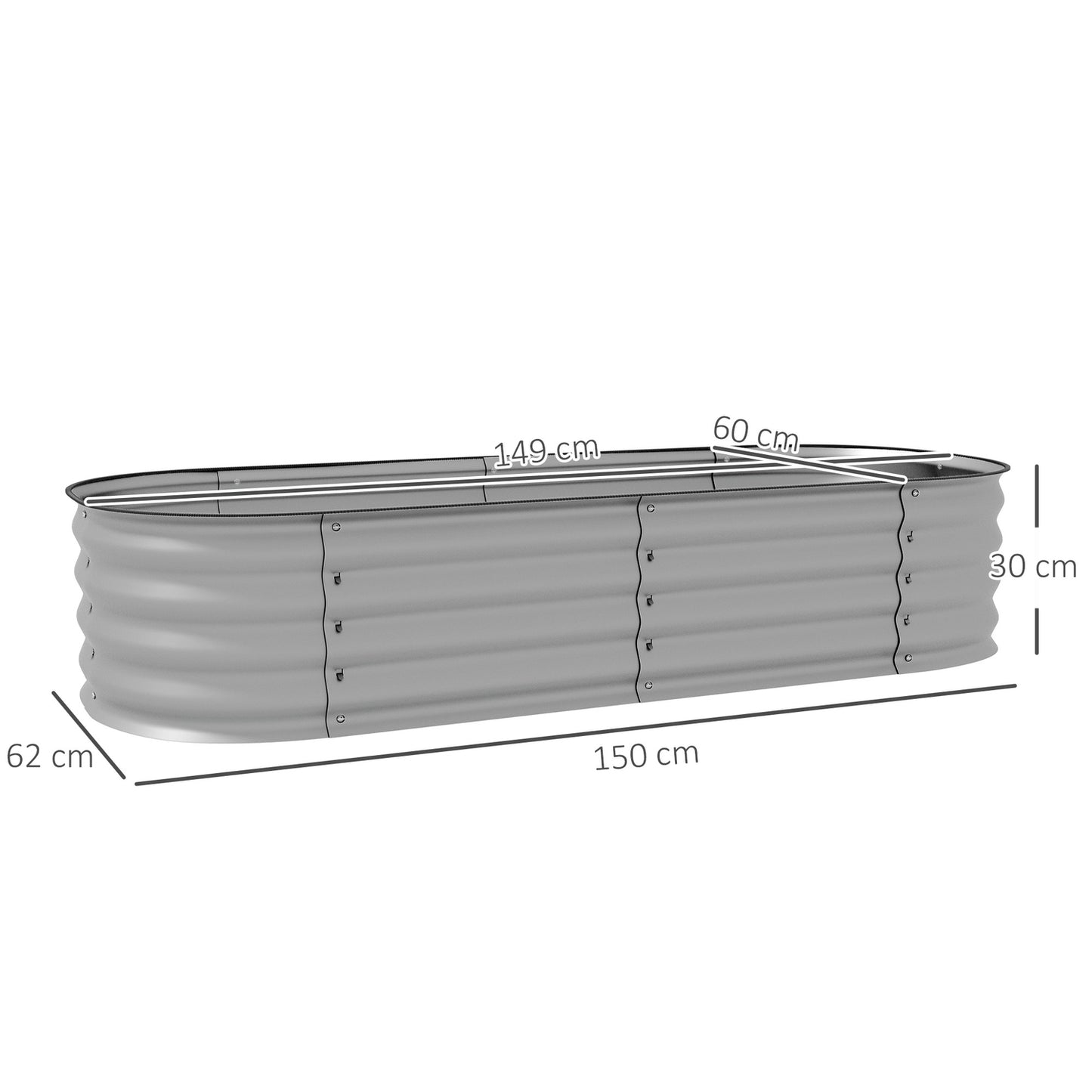 Raised metal bed, 150x62x30 cm, open base
