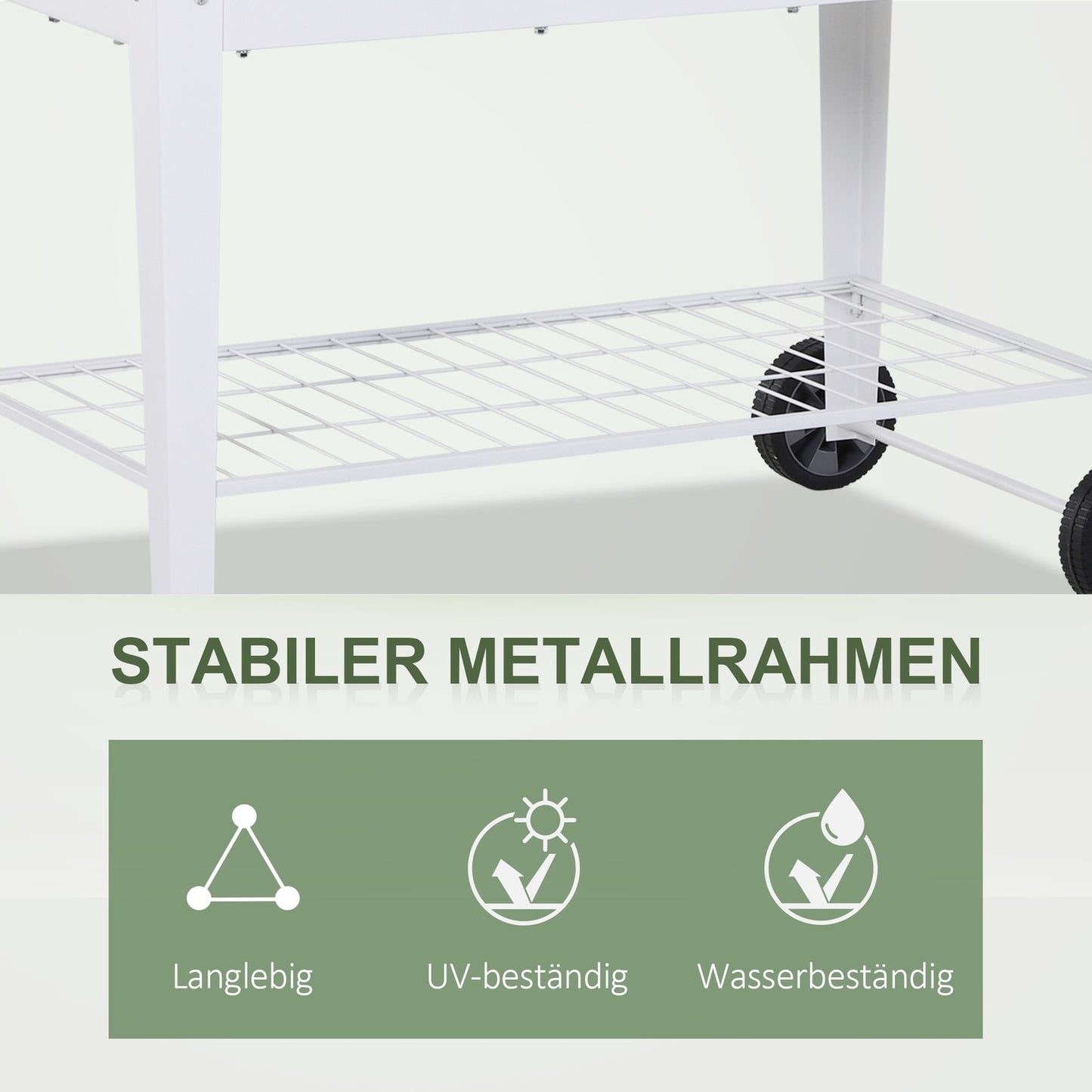 Mobile white metal raised plant bed with storage, 2 wheels