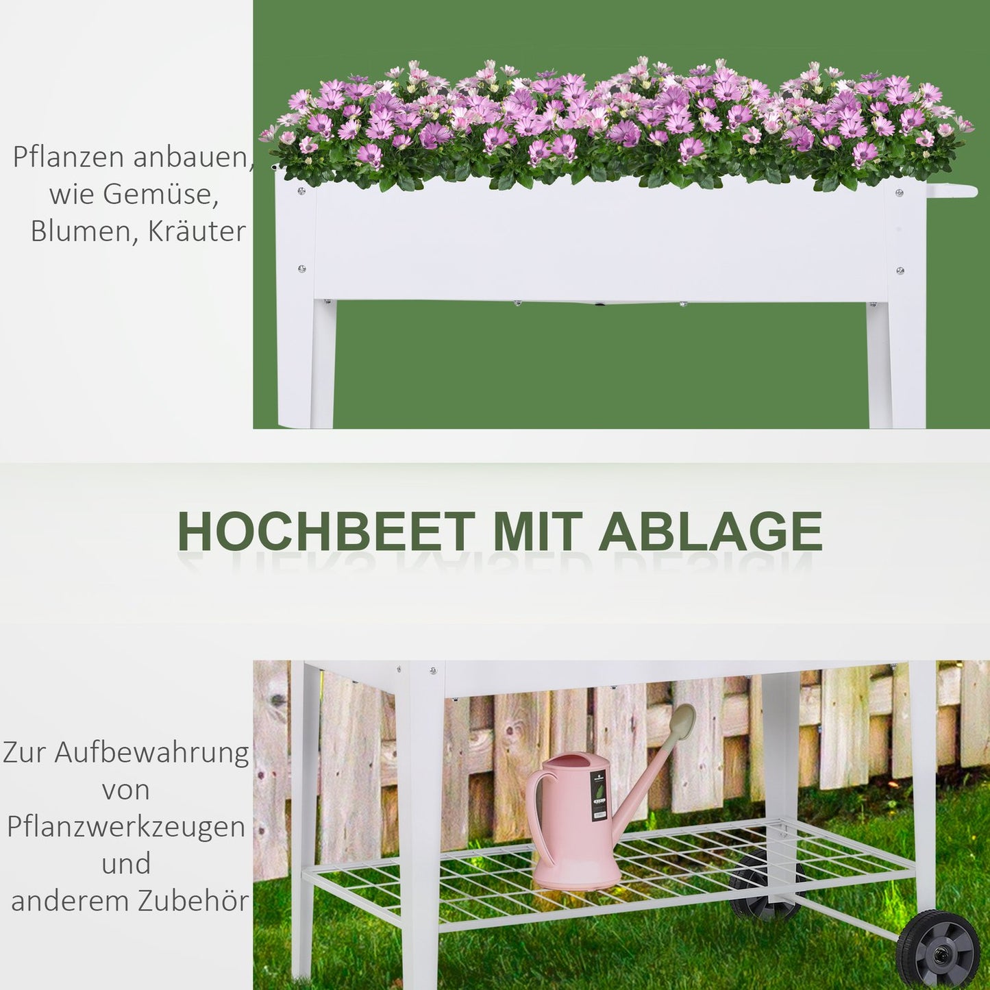 Mobile white metal raised plant bed with storage, 2 wheels