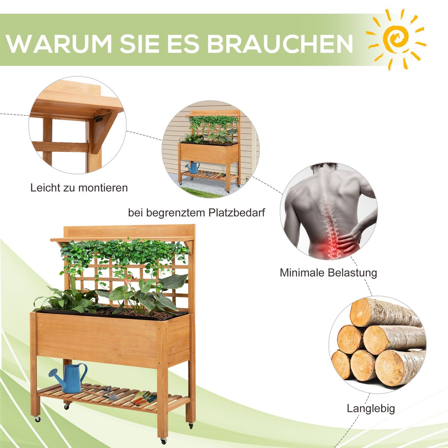 Raised wooden garden table for balcony, 105x40x135 cm Spruce