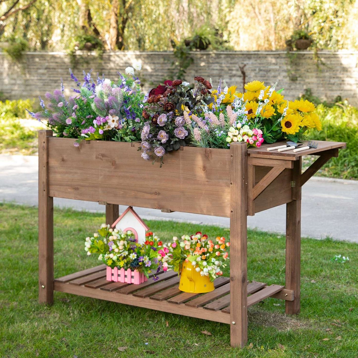 Planter box for raised bed, 8 grids and shelf, solid wood 123x54x74cm