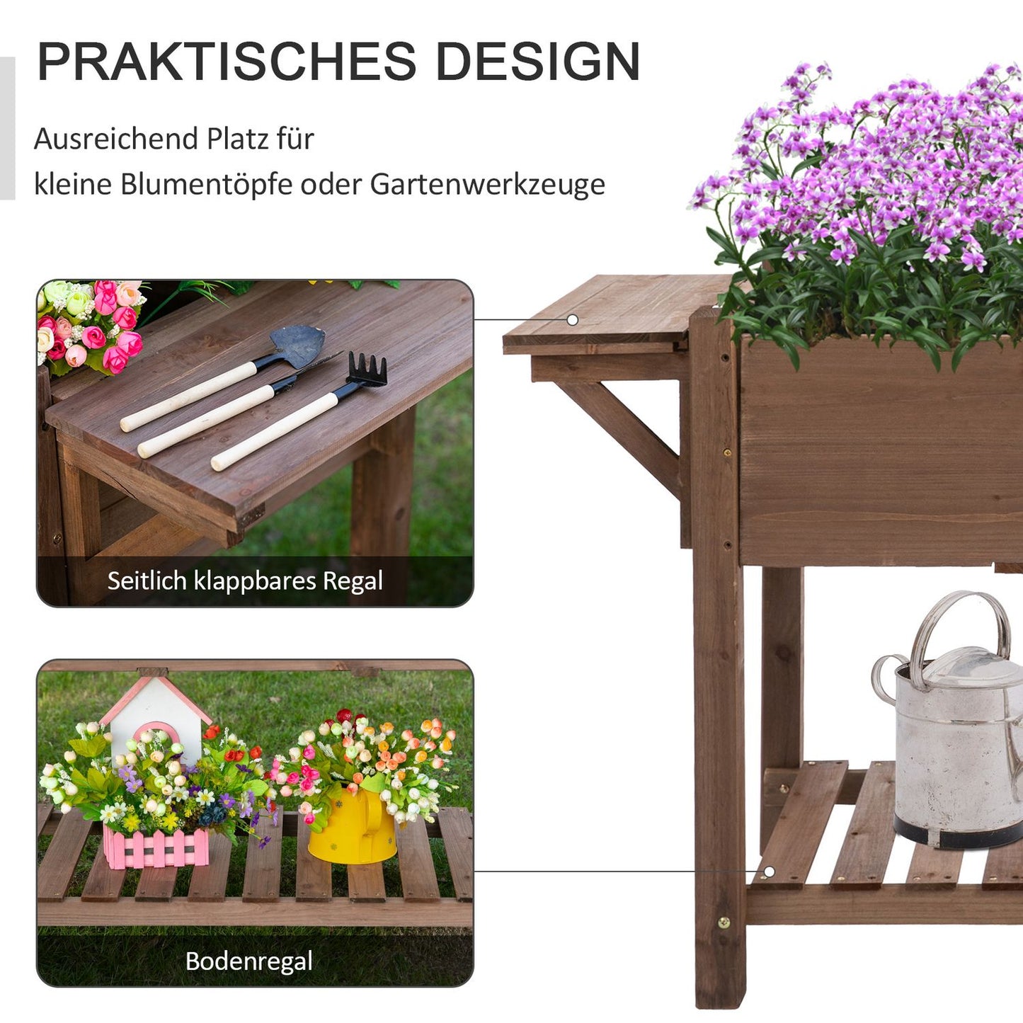 Planter box for raised bed, 8 grids and shelf, solid wood 123x54x74cm