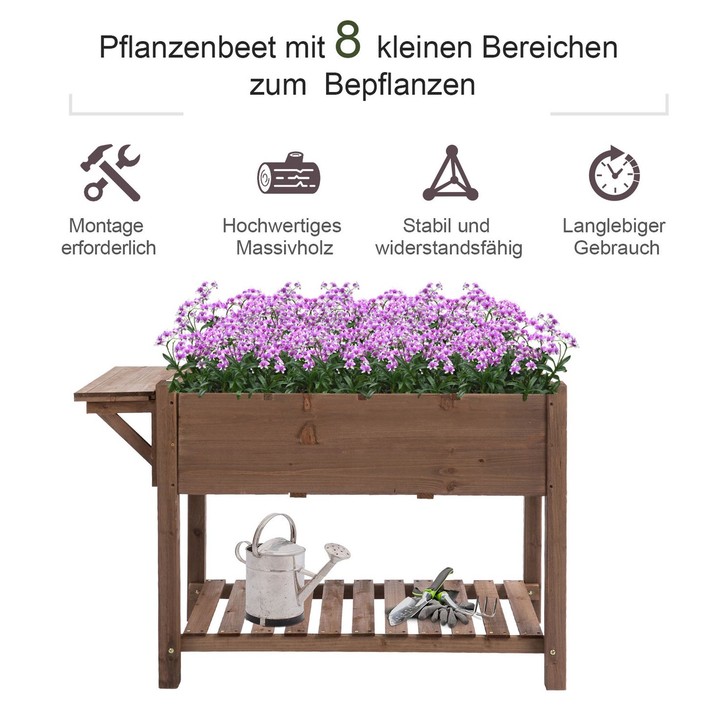 Planter box for raised bed, 8 grids and shelf, solid wood 123x54x74cm