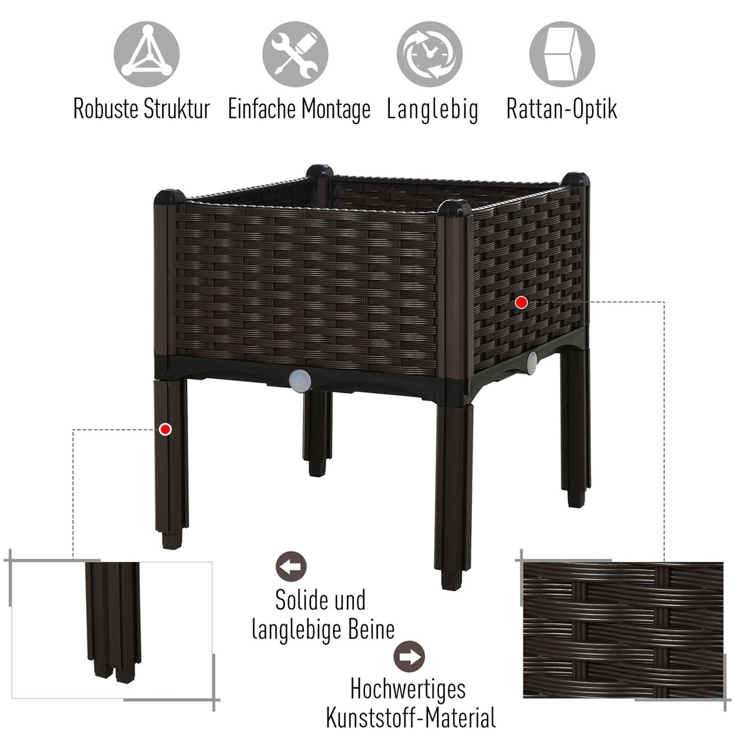 Raised bed pot with drainage, Rattan look, 40x40x44 cm