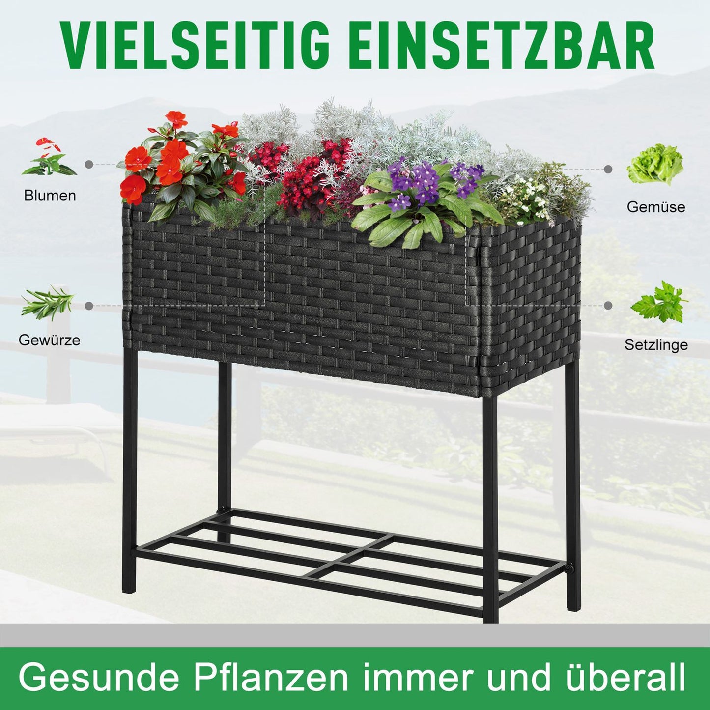 Brown Rattan Raised Garden Bed With Shelf, 70x30x72 Cm