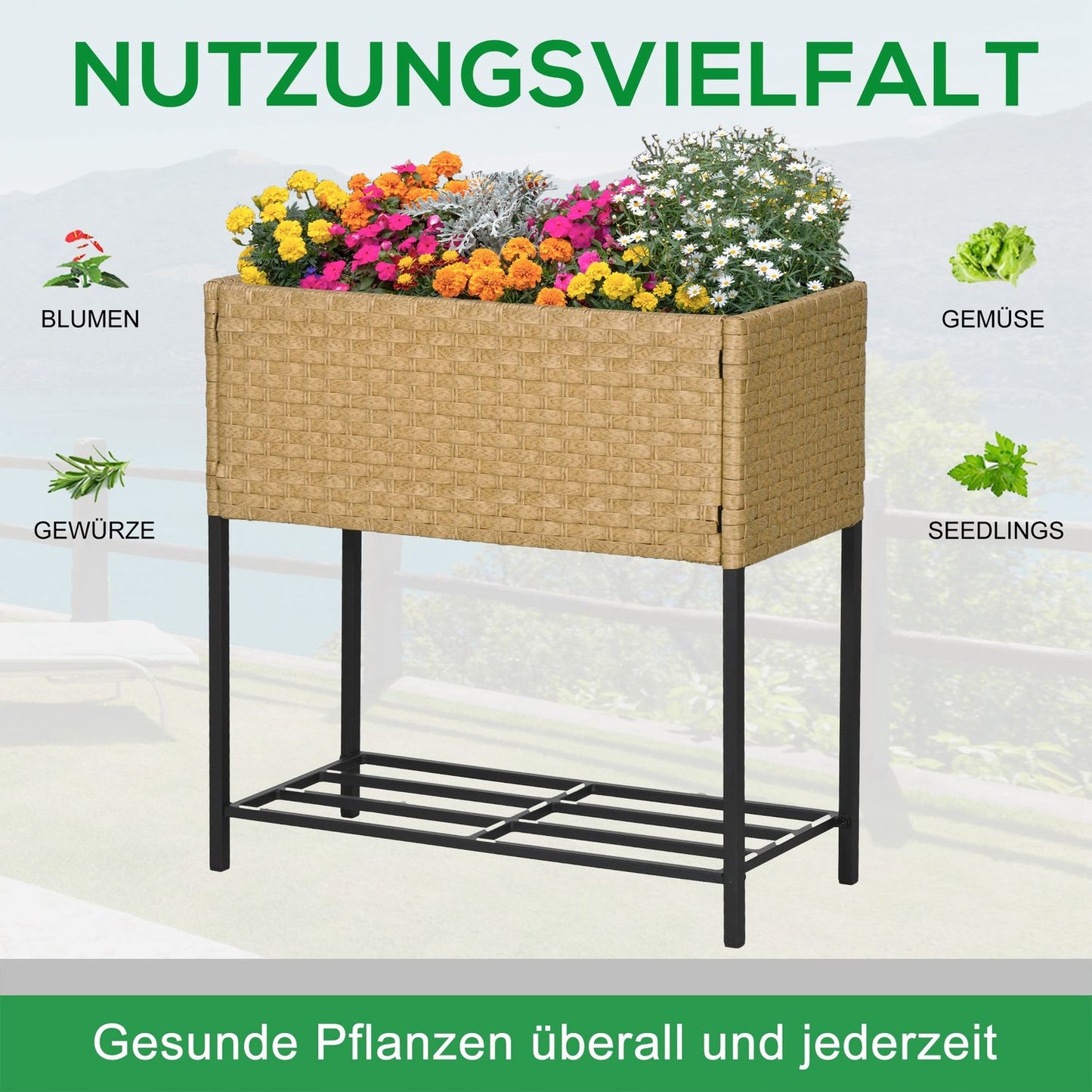 Raised garden pot in poly rattan with shelf, sand, 70x30x72 cm