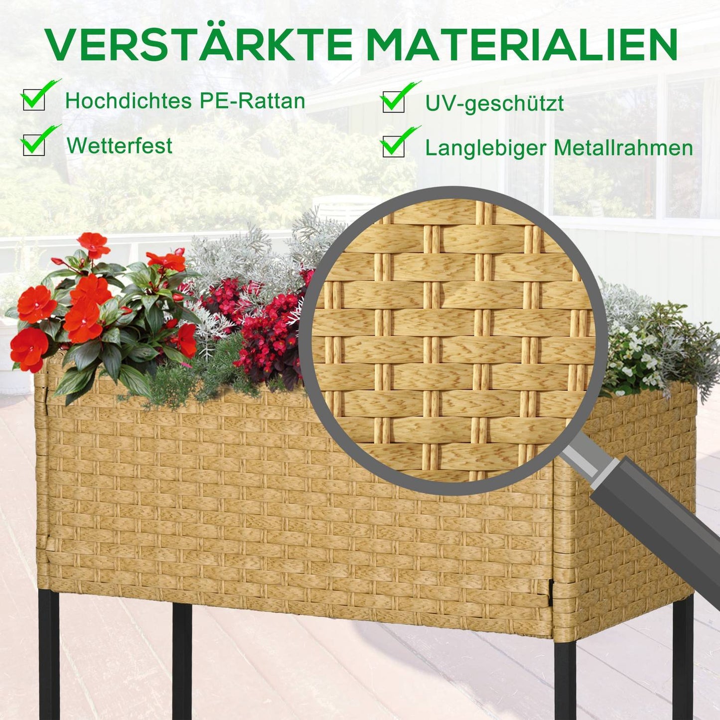 Raised garden pot in poly rattan with shelf, sand, 70x30x72 cm