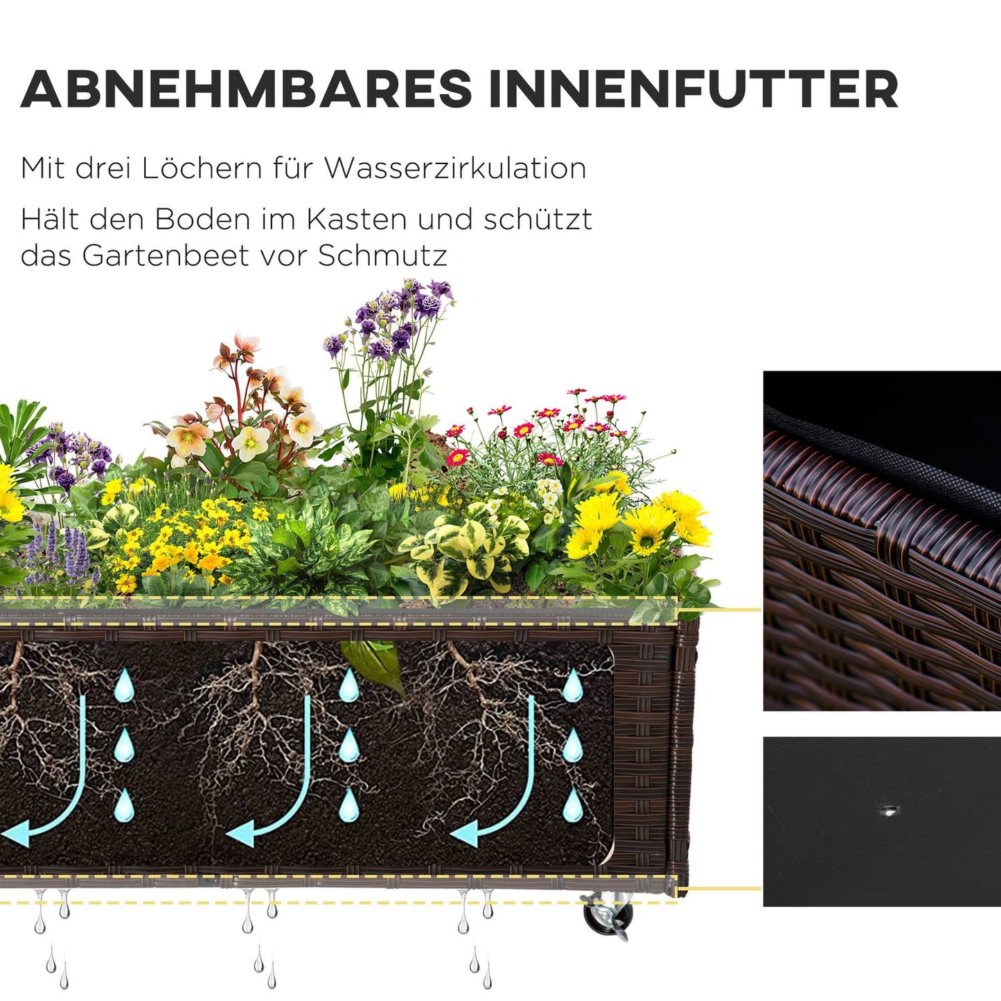 Raised garden bed with wheels, coffee brown rattan - 95x31 cm