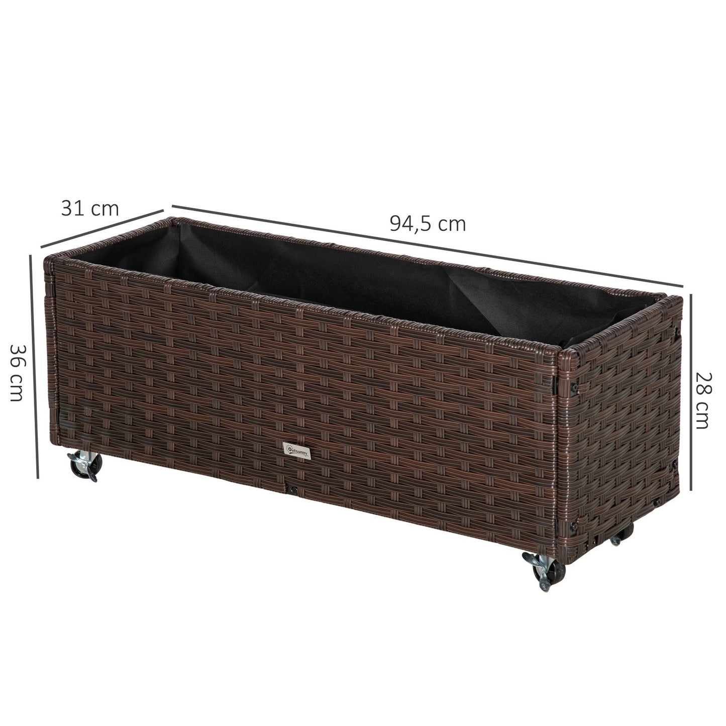Raised garden bed with wheels, coffee brown rattan - 95x31 cm
