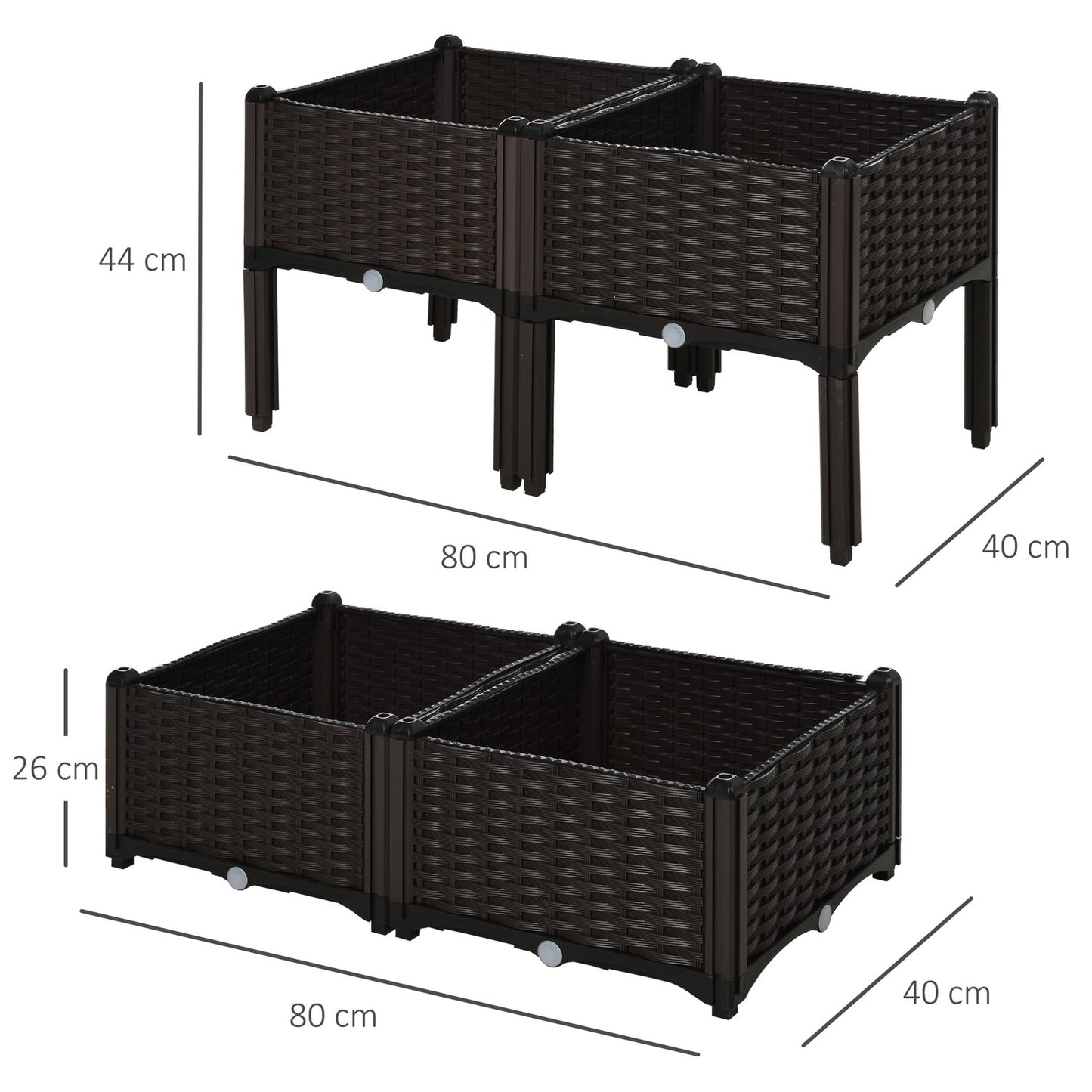 Rattan raised bed pot with drainage, brown, 40x40x44 cm