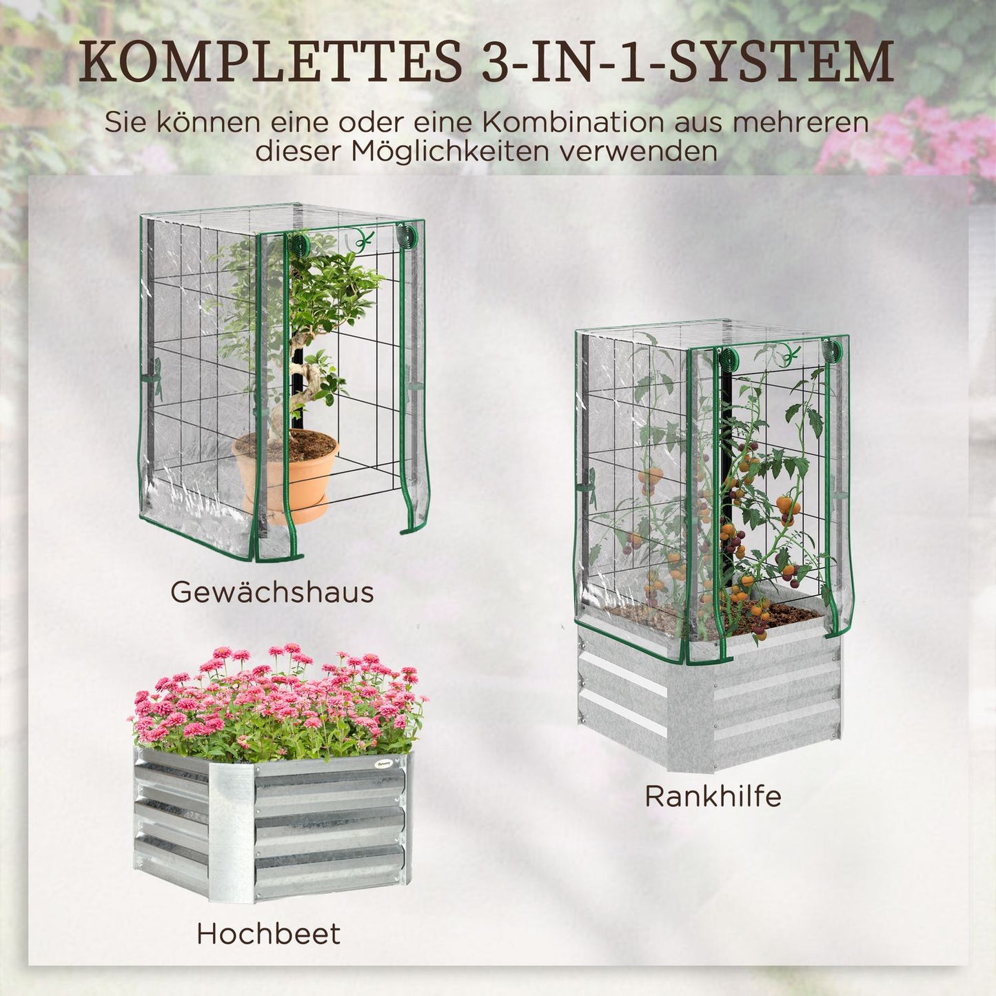 Raised garden bed set with cover & trellis for vines, 53x53x90cm