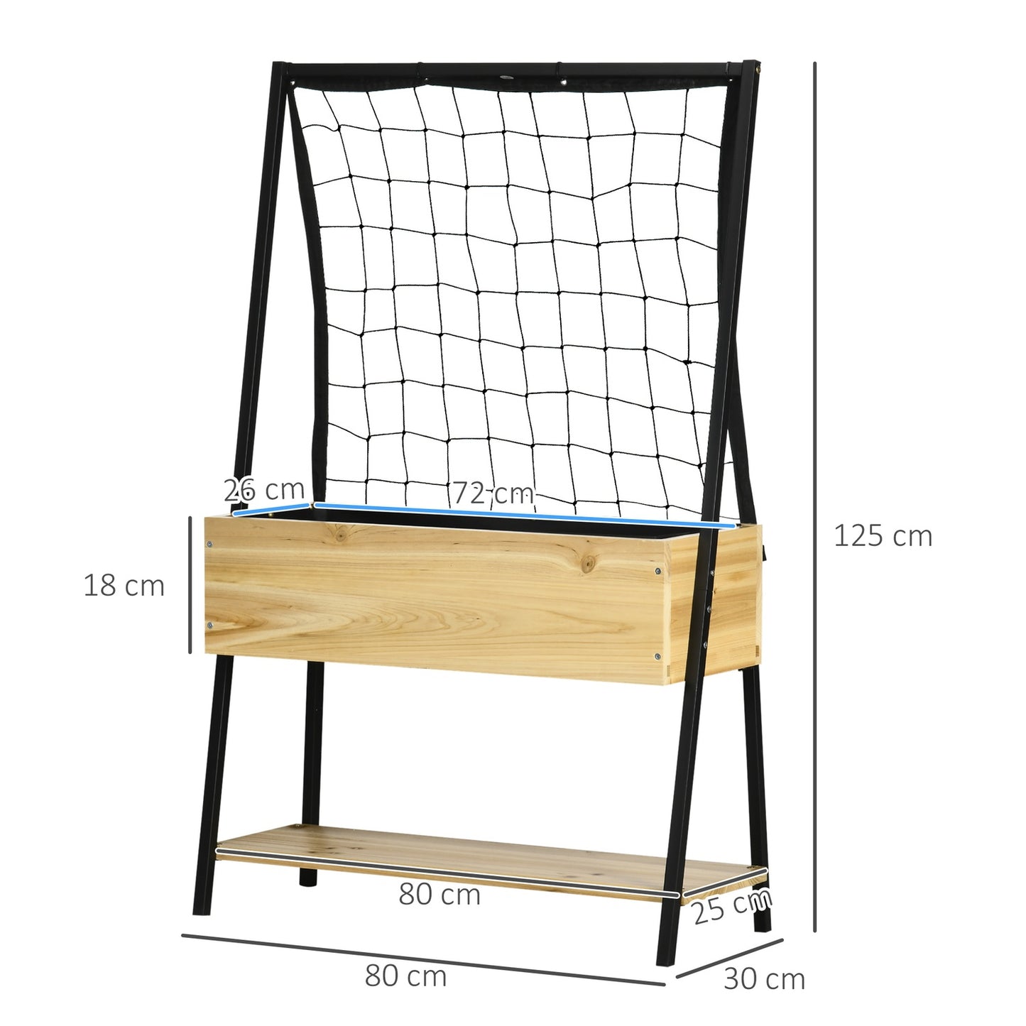 Raised bed trellis with shelf, lined, 80x30x128cm