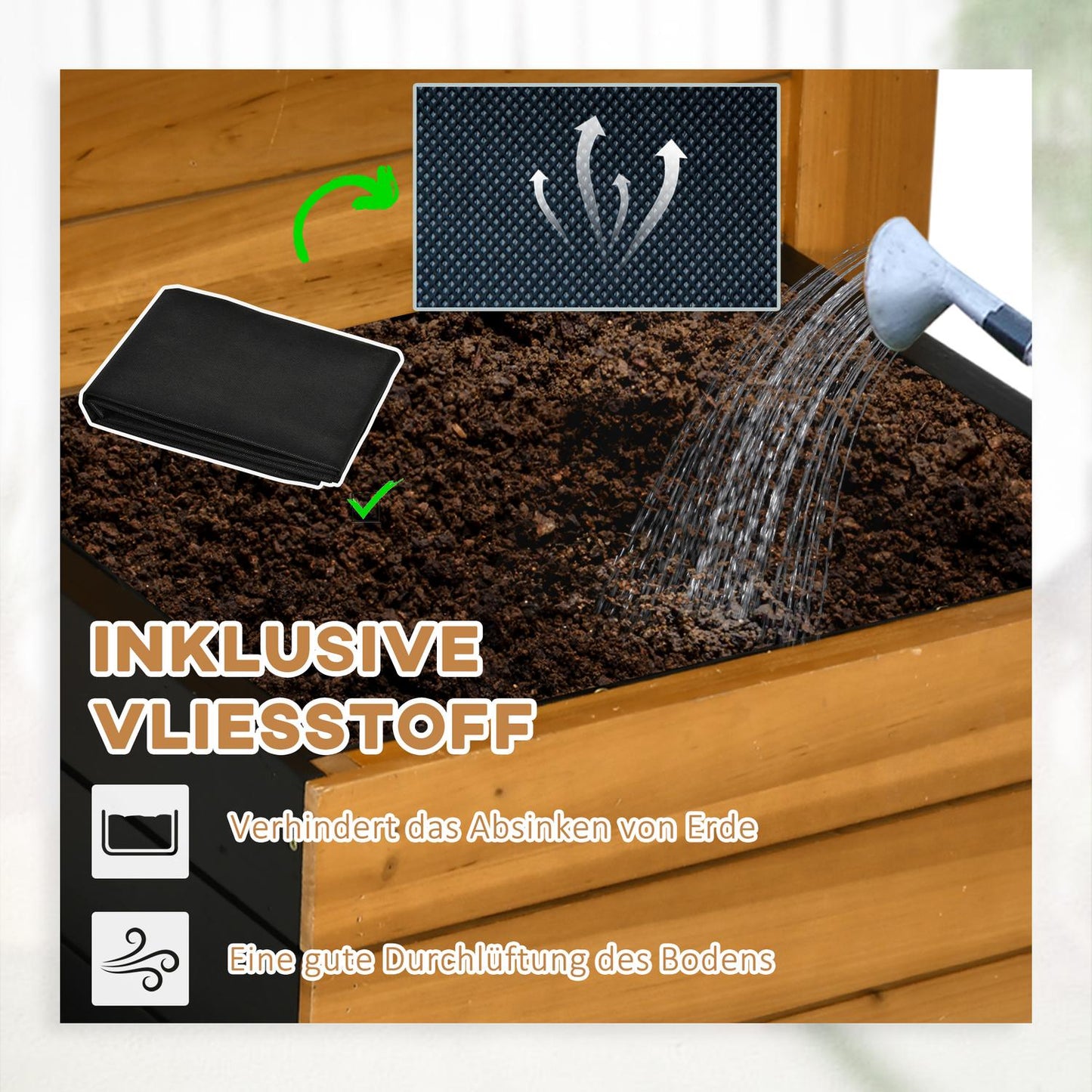 Raised garden bed with self-watering boxes, wood, brown