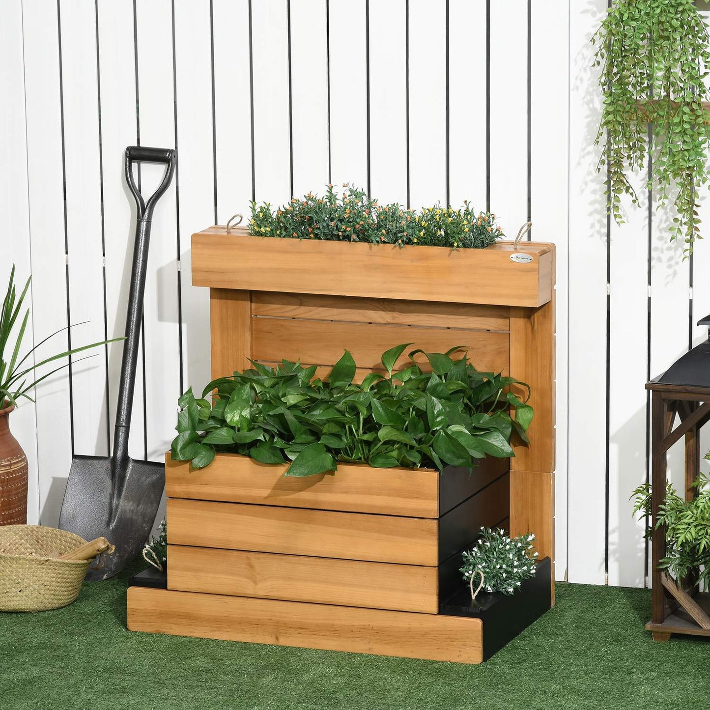 Raised garden bed with self-watering boxes, wood, brown